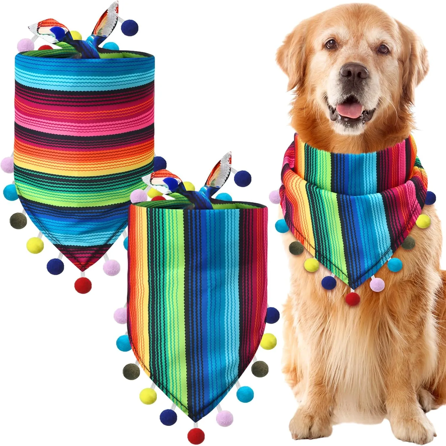 2 Pcs Mexican Dog Bandana Cinco De Mayo Fiesta Dog Costume Summer Mexican Pet Triangle Bib Adjustable with Pom Poms for Small Medium Pets Cats