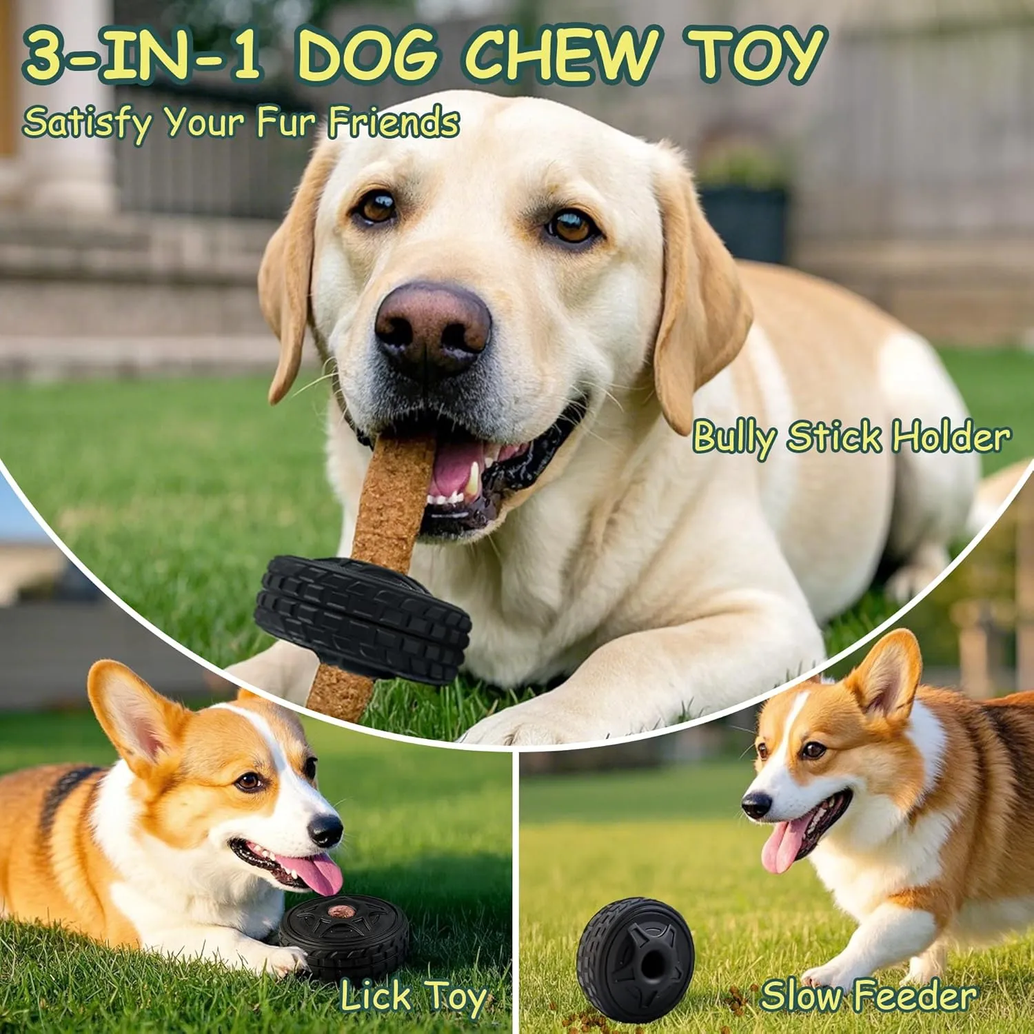 3-in-1 Dog Treat Toy for Aggressive Chewer, Natural Rubber Dog Puzzle, Bully Stick Holder, Frozen Treat Dispensing Toy for Small Medium Large Breeds