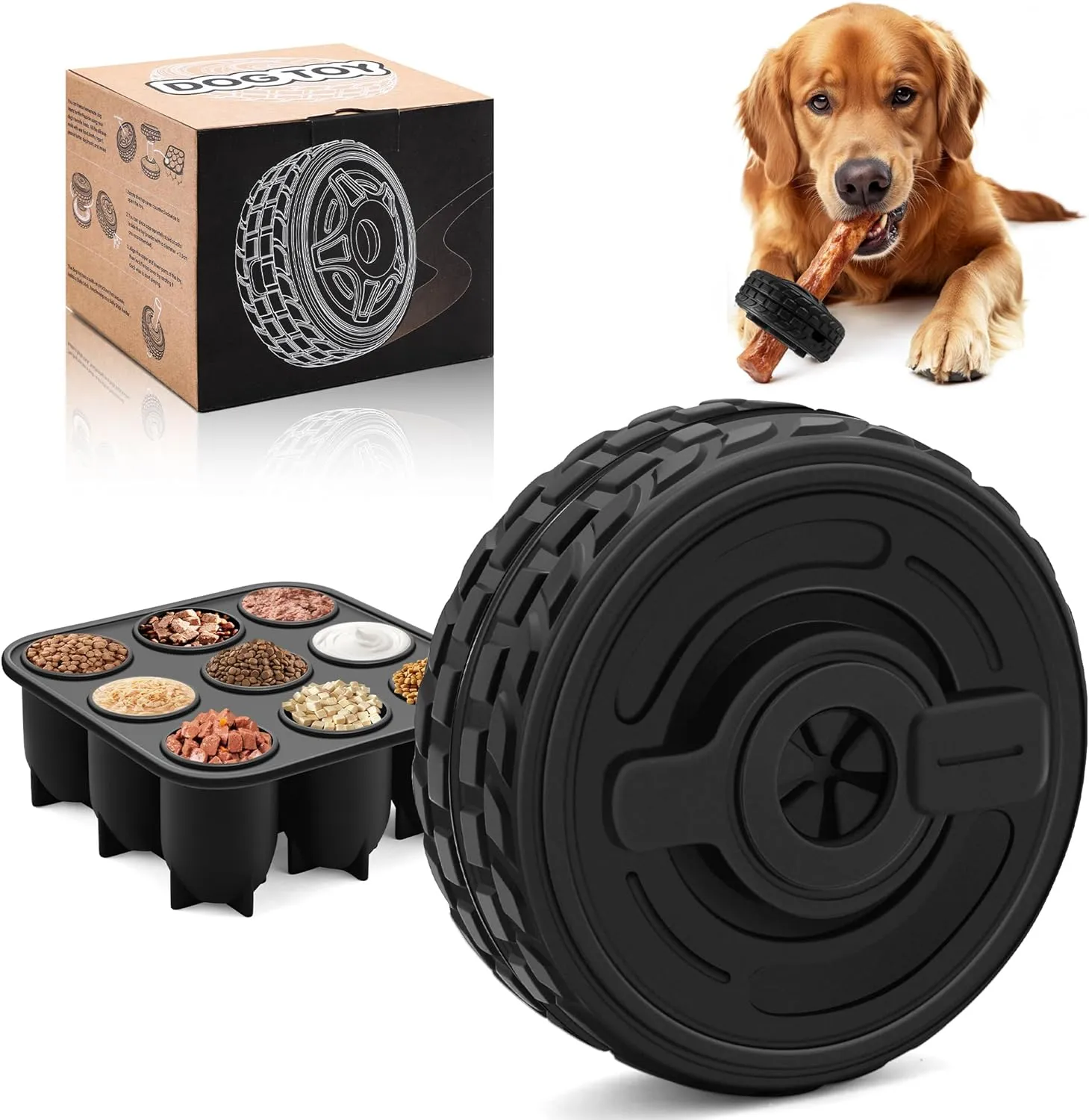 3-in-1 Dog Treat Toy for Aggressive Chewer, Natural Rubber Dog Puzzle, Bully Stick Holder, Frozen Treat Dispensing Toy for Small Medium Large Breeds
