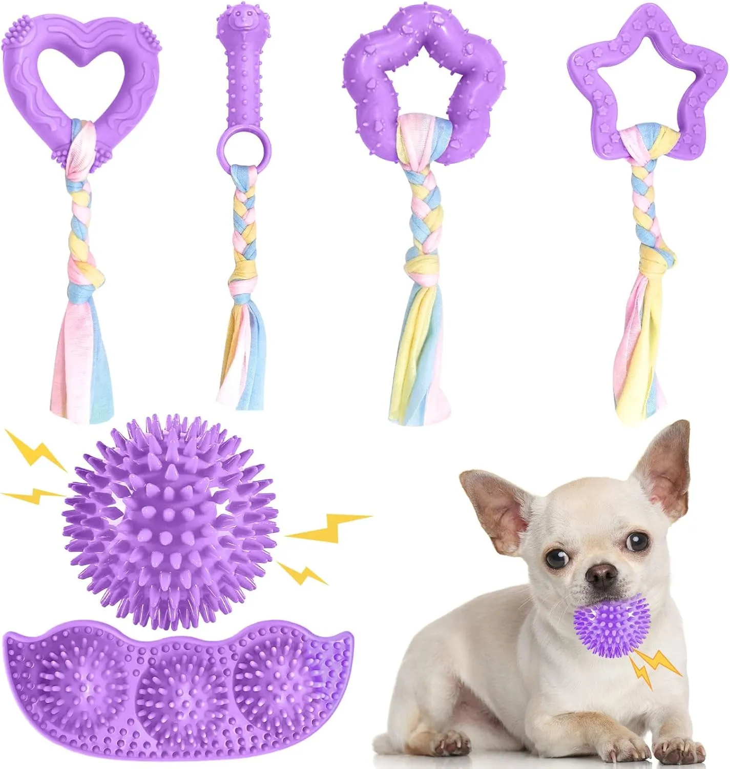 6 Pack Puppy Teething Toys Cute Small Dog Toys Durable Puppy Chew Toy for Teething Essentials Purple Soft Rubber Small Breed Dog Squeaky Balls for Puppies Interactive Doggy Chews Toy Set