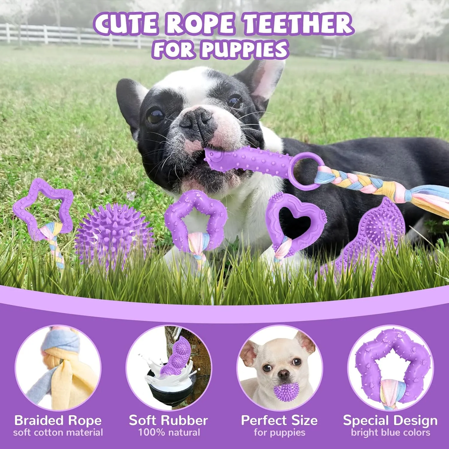 6 Pack Puppy Teething Toys Cute Small Dog Toys Durable Puppy Chew Toy for Teething Essentials Purple Soft Rubber Small Breed Dog Squeaky Balls for Puppies Interactive Doggy Chews Toy Set