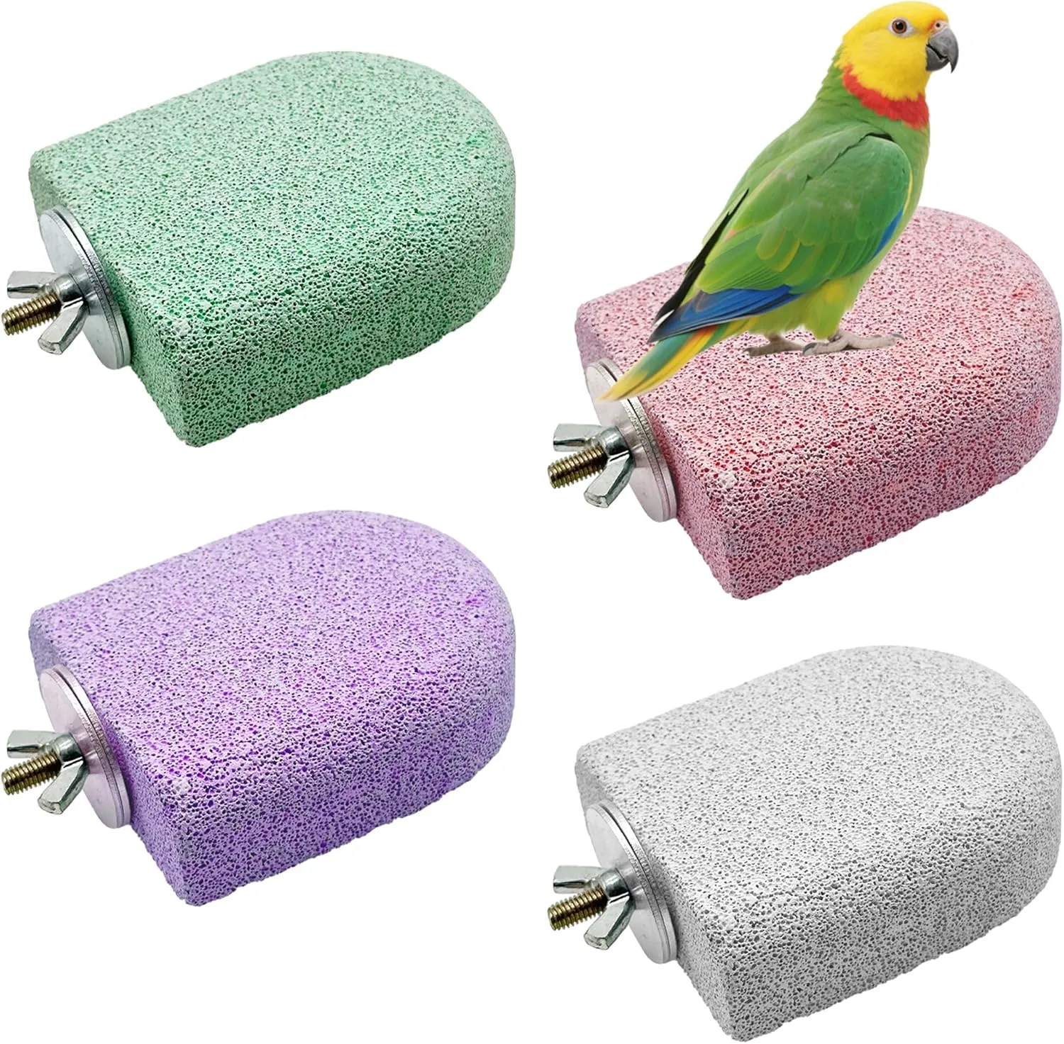 Allazone Pet Teeth Grinding Stone and Perch, Bird Perch Stands, Natural Chewing Toys for Small Medium Birds Budgies Conures Cockatiels Rats (4 Colores, Small)