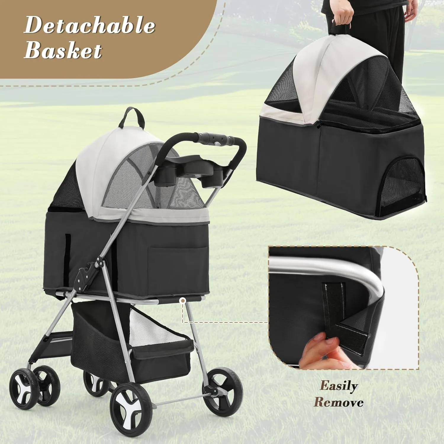 Athena Collection 4 Wheels Pet Stroller for Medium Dogs 33 Lbs - Puppy Cat Carrier With Detachable Carrier, Cup Holder Tray, Bottom Storage - Black