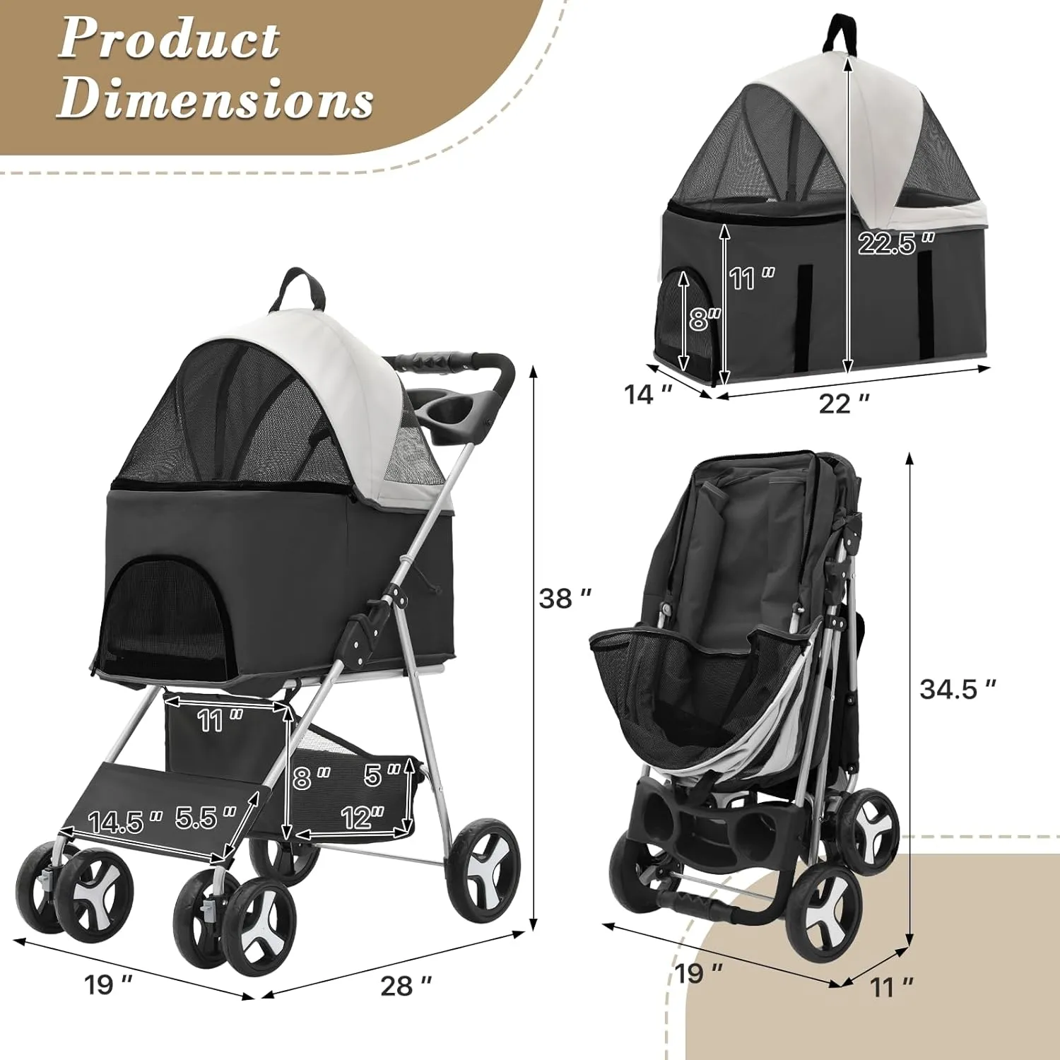 Athena Collection 4 Wheels Pet Stroller for Medium Dogs 33 Lbs - Puppy Cat Carrier With Detachable Carrier, Cup Holder Tray, Bottom Storage - Black
