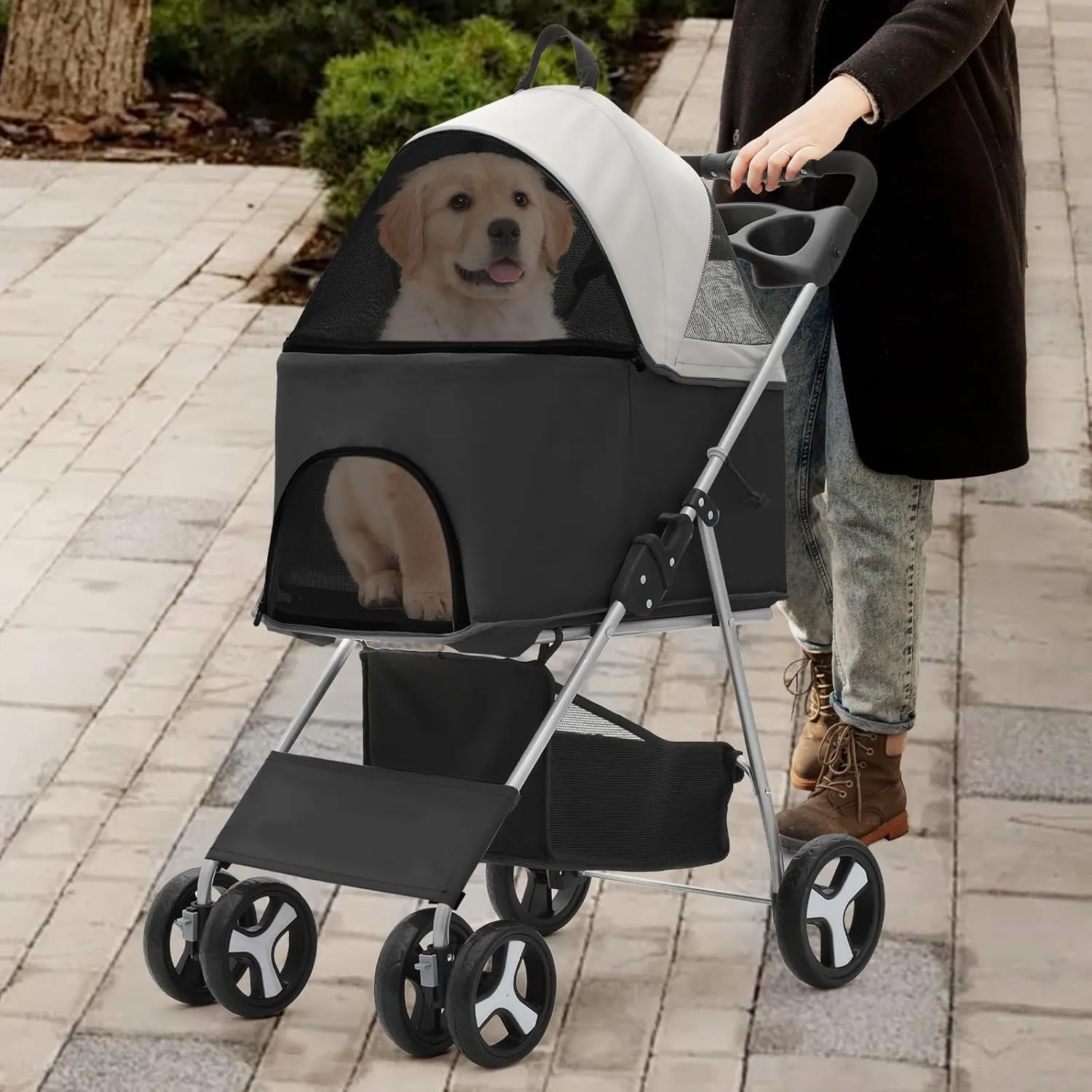 Athena Collection 4 Wheels Pet Stroller for Medium Dogs 33 Lbs - Puppy Cat Carrier With Detachable Carrier, Cup Holder Tray, Bottom Storage - Black