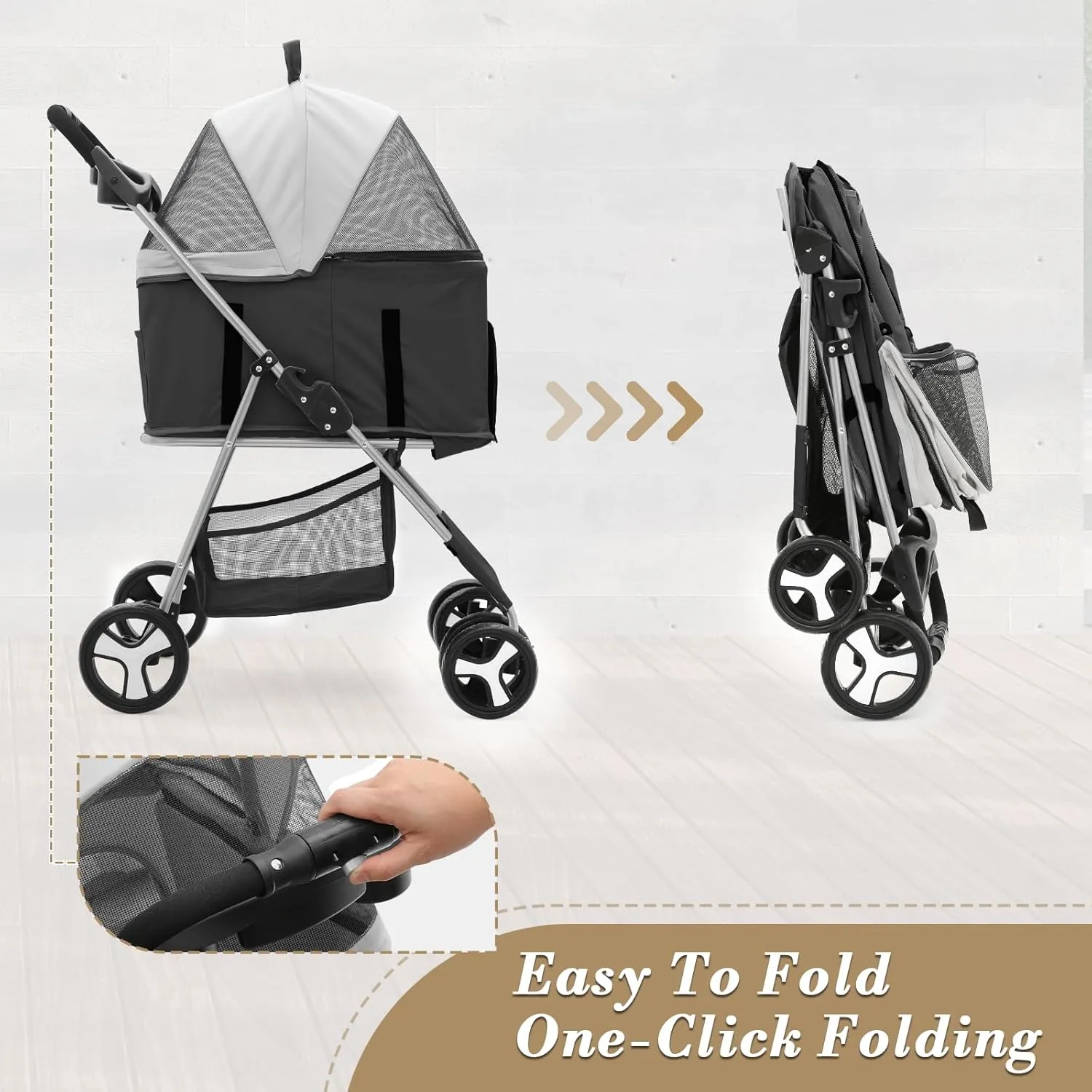 Athena Collection 4 Wheels Pet Stroller for Medium Dogs 33 Lbs - Puppy Cat Carrier With Detachable Carrier, Cup Holder Tray, Bottom Storage - Black