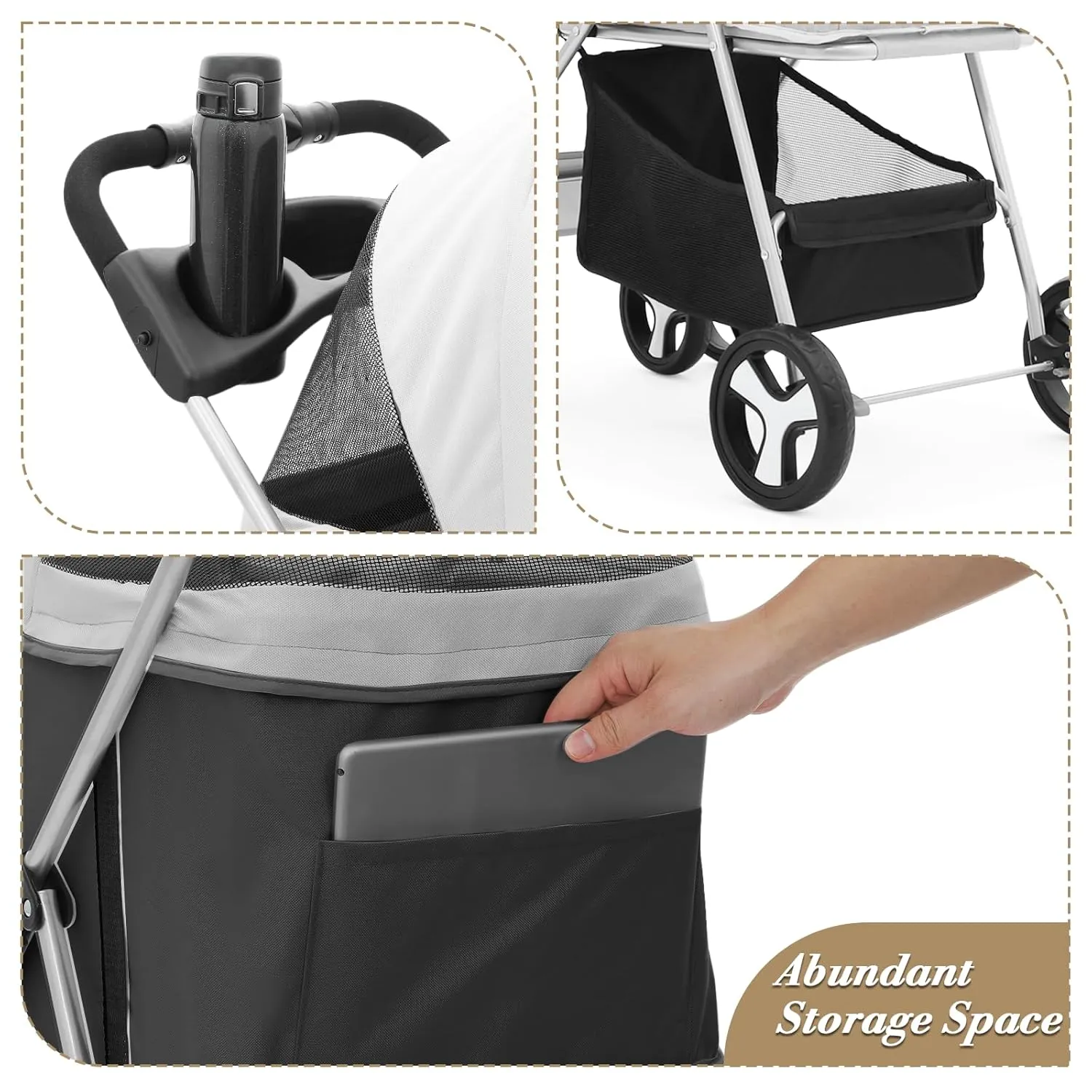 Athena Collection 4 Wheels Pet Stroller for Medium Dogs 33 Lbs - Puppy Cat Carrier With Detachable Carrier, Cup Holder Tray, Bottom Storage - Black