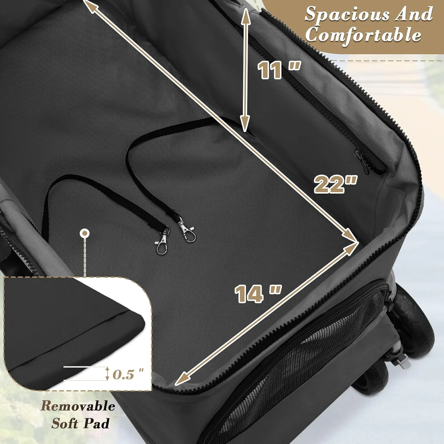 Athena Collection 4 Wheels Pet Stroller for Medium Dogs 33 Lbs - Puppy Cat Carrier With Detachable Carrier, Cup Holder Tray, Bottom Storage - Black