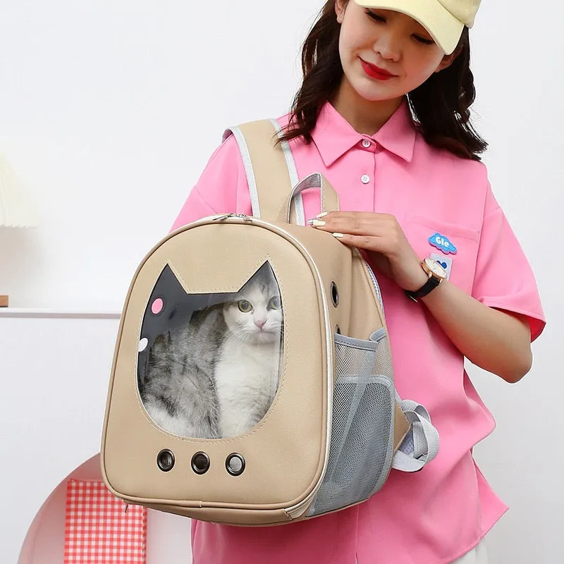 Convenient Outdoor Backpack for Cats and Small Dogs - Transparent Window and Breathable Design for Stress-Free Travel