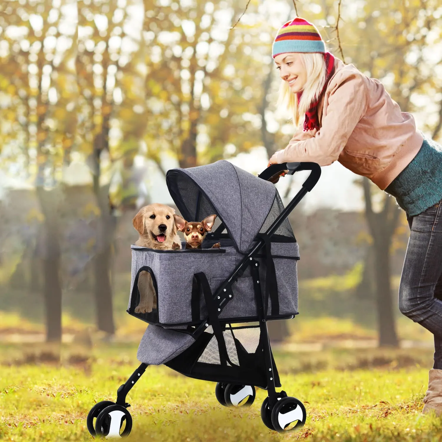 Dog Stroller Cat Stroller Pet stoller 3-in-1 Folding Dog Stroller for Small Medium Dogs Cats with Detachable Carrier Storage Basket Waterproof Lightweight for Travel,Grey