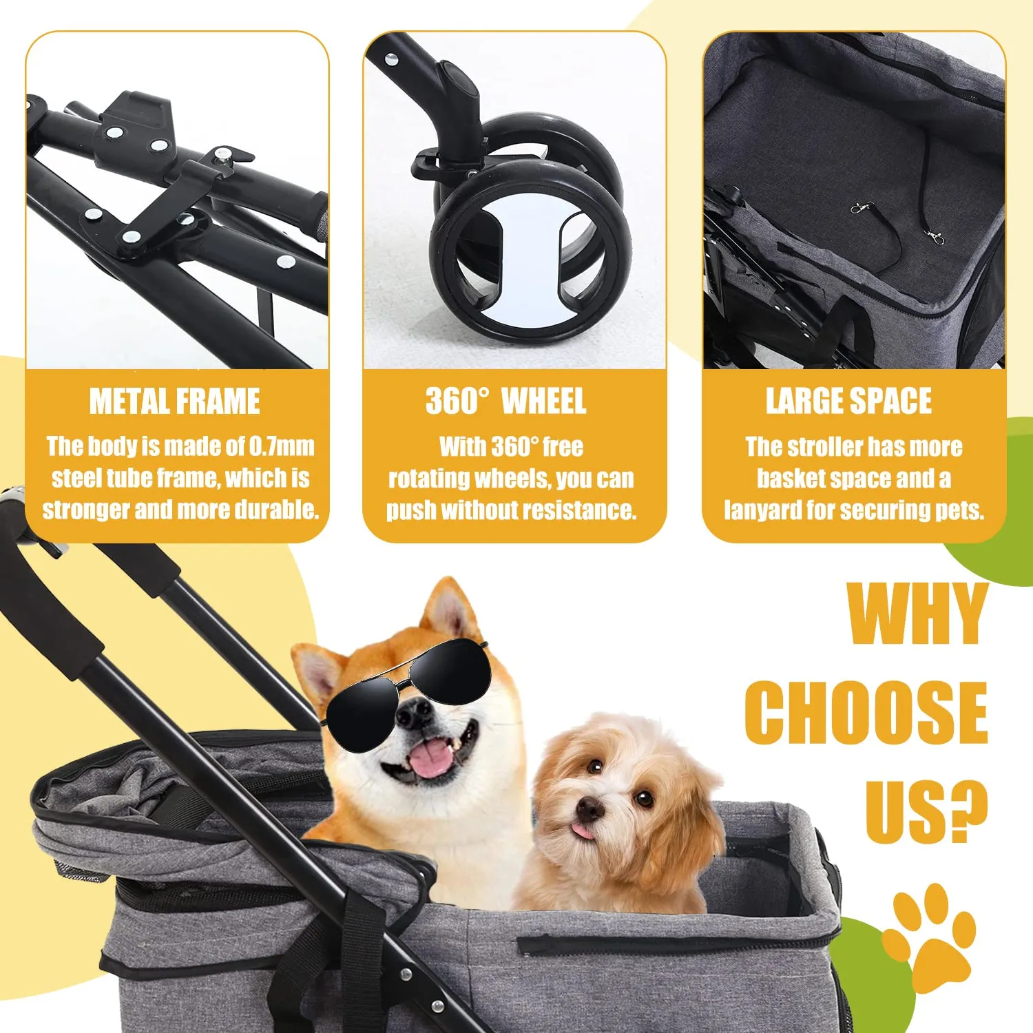 Dog Stroller Cat Stroller Pet stoller 3-in-1 Folding Dog Stroller for Small Medium Dogs Cats with Detachable Carrier Storage Basket Waterproof Lightweight for Travel,Grey