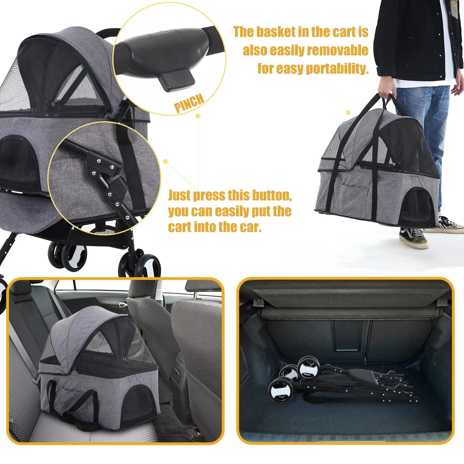 Dog Stroller Cat Stroller Pet stoller 3-in-1 Folding Dog Stroller for Small Medium Dogs Cats with Detachable Carrier Storage Basket Waterproof Lightweight for Travel,Grey