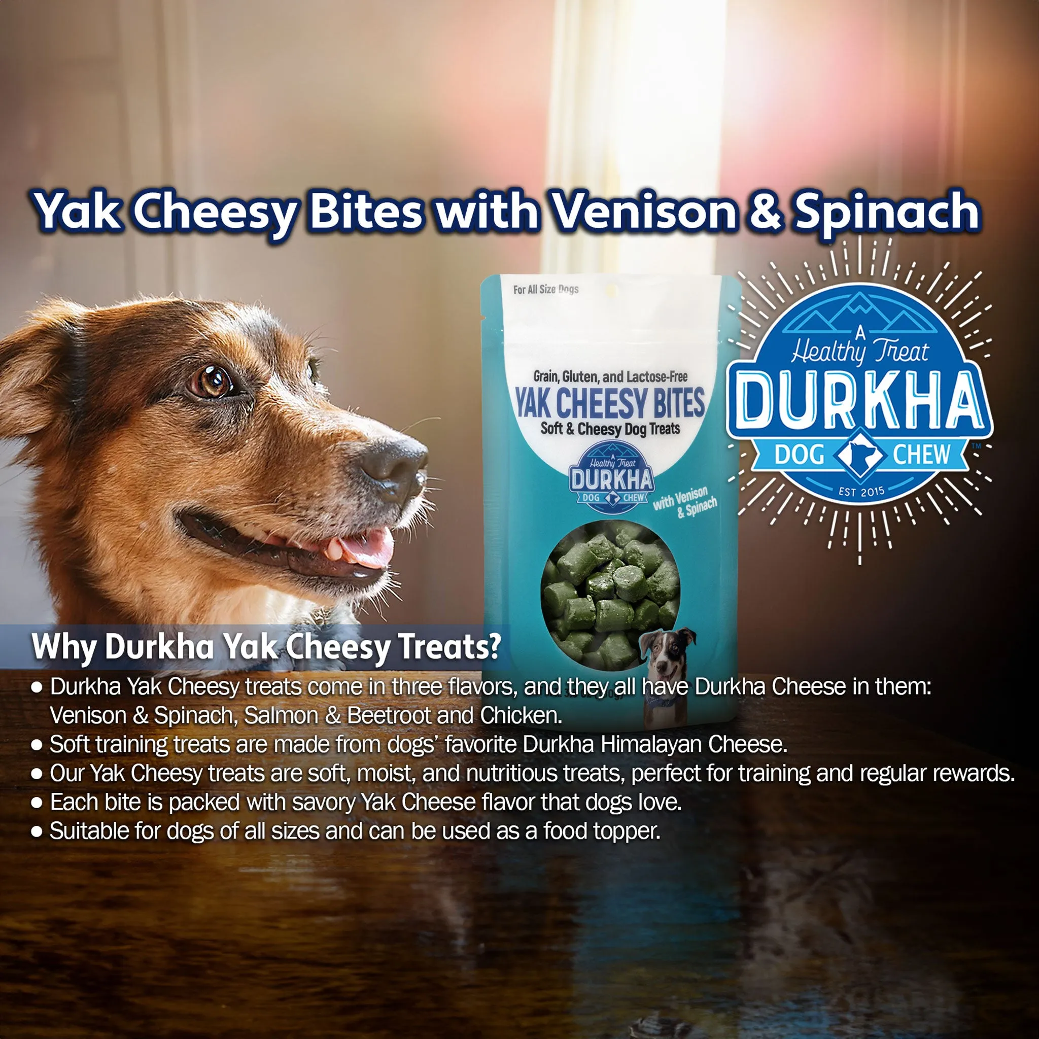 Durkha Yak Cheesy Bites Dog Venison & Spinach 3.5 oz