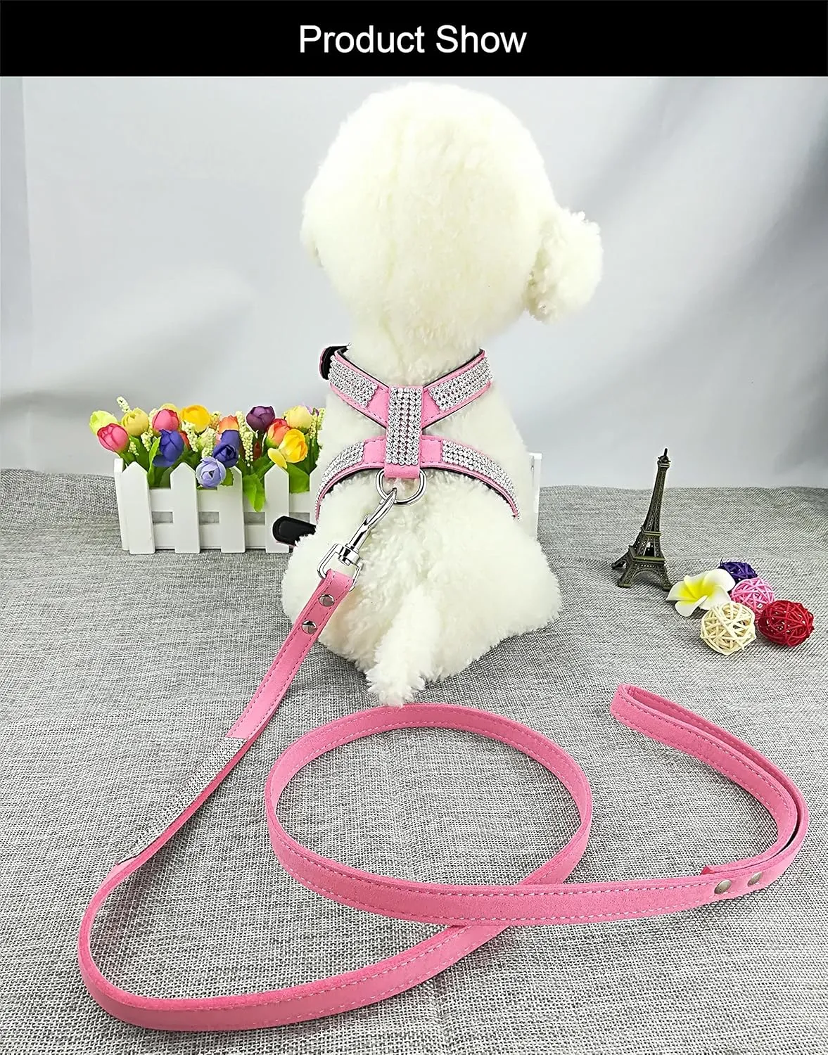 Fashion Puppy Harness with Diamantes and Lead Cute Girl Bling Dog Harness with Bling Leash for Small Dogs - Pink - L