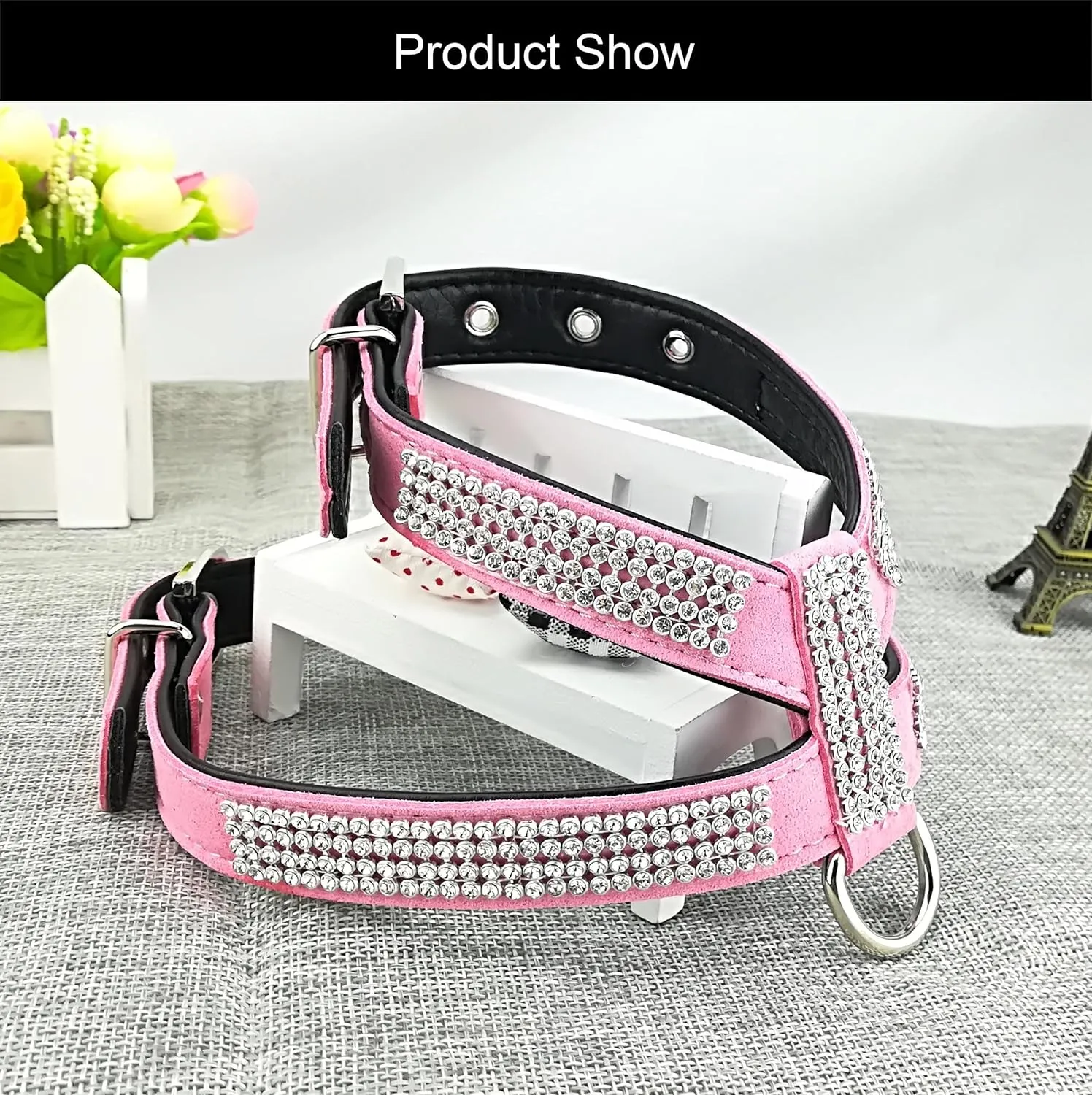 Fashion Puppy Harness with Diamantes and Lead Cute Girl Bling Dog Harness with Bling Leash for Small Dogs - Pink - L