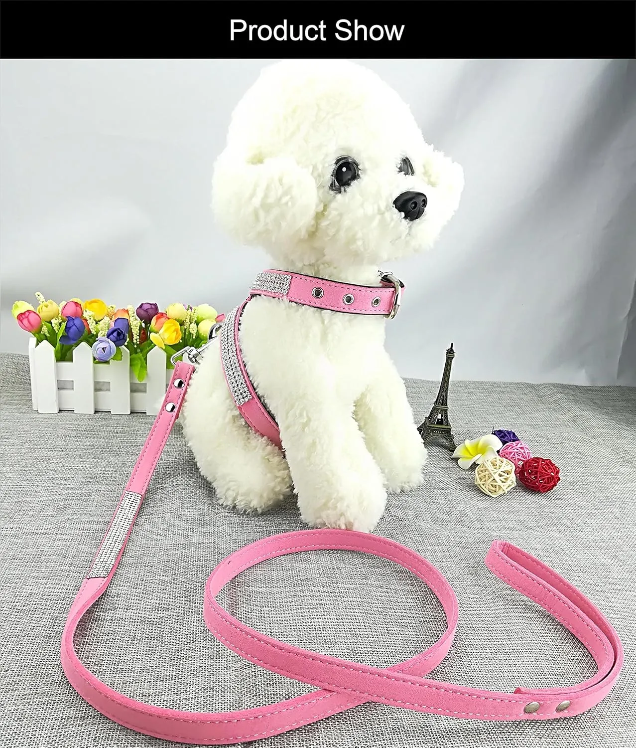 Fashion Puppy Harness with Diamantes and Lead Cute Girl Bling Dog Harness with Bling Leash for Small Dogs - Pink - L