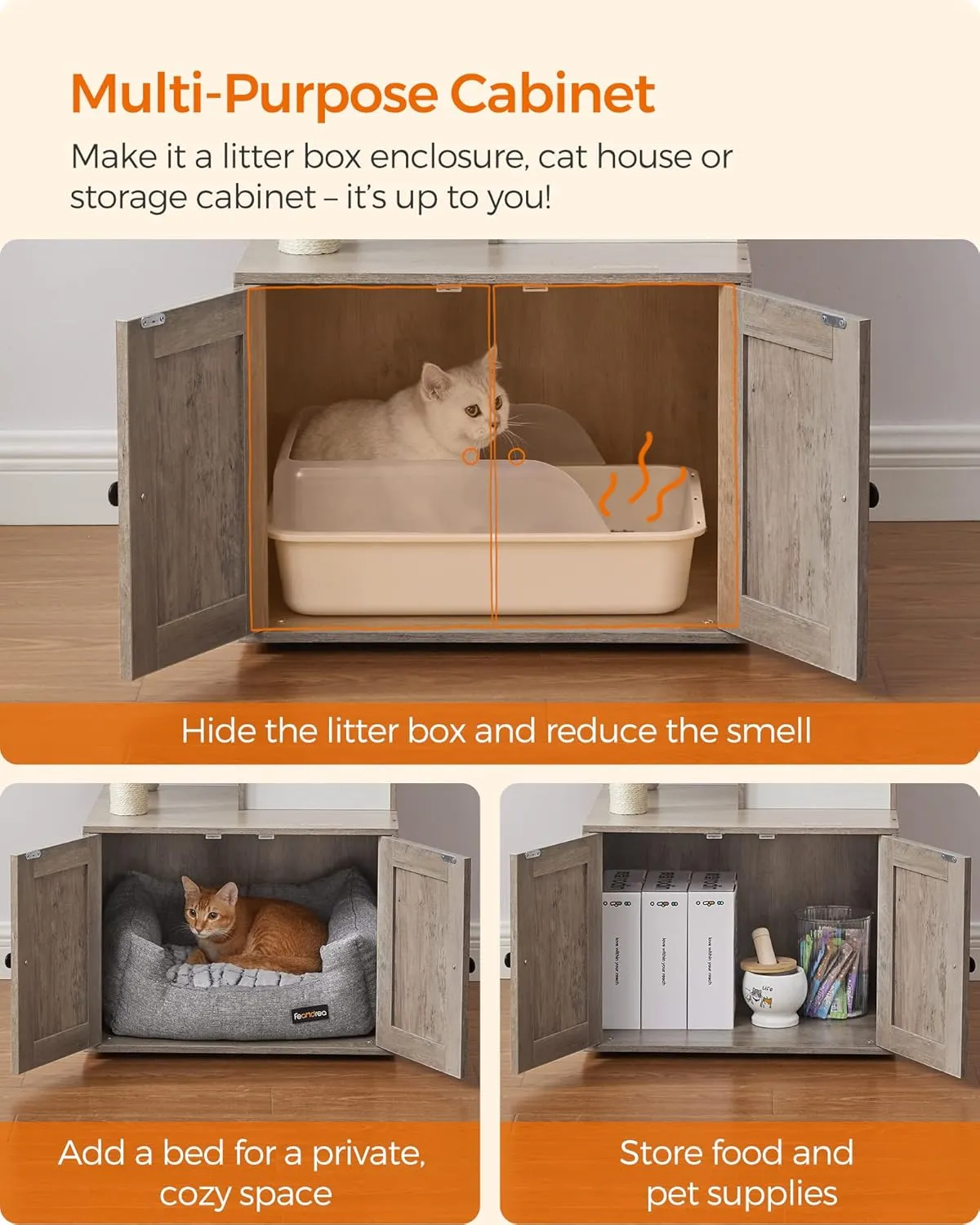 Feandrea Cat Tree with Litter Box Enclosure, 2-in-1 Modern Cat Tower, 55.1-Inch Cat Condo with Scratching Posts, Removable Pompom Sticks, Greige UPCT113G01