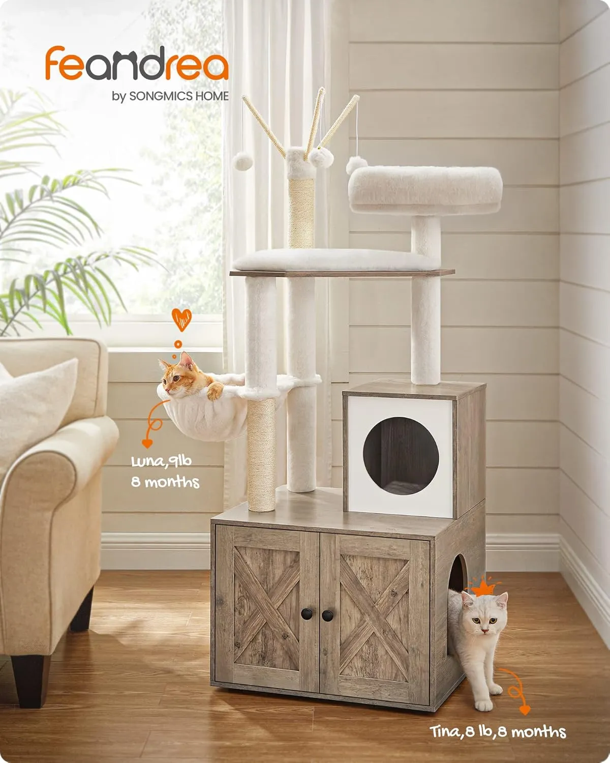 Feandrea Cat Tree with Litter Box Enclosure, 2-in-1 Modern Cat Tower, 55.1-Inch Cat Condo with Scratching Posts, Removable Pompom Sticks, Greige UPCT113G01
