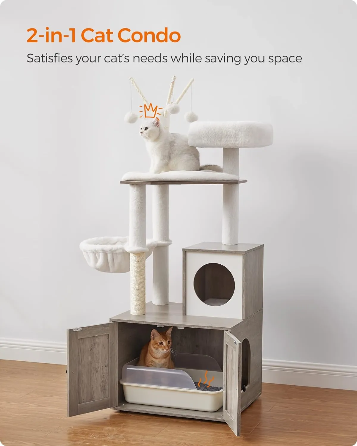 Feandrea Cat Tree with Litter Box Enclosure, 2-in-1 Modern Cat Tower, 55.1-Inch Cat Condo with Scratching Posts, Removable Pompom Sticks, Greige UPCT113G01