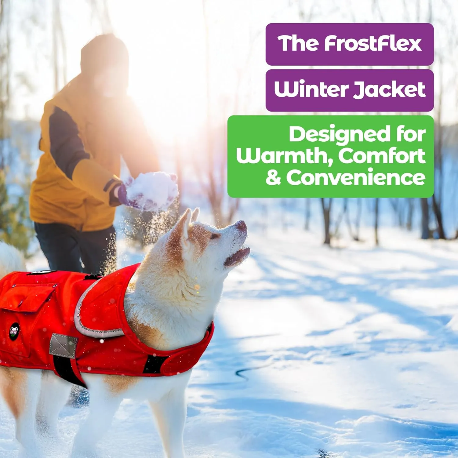 Joyride Harness FrostFlex Dog Winter Jacket - Fleece Lined & Water-Resistant - Snowsuit with Pockets for Treats & Poop Bags - Durable Cold Weather Dog Coat - Red Rush-M