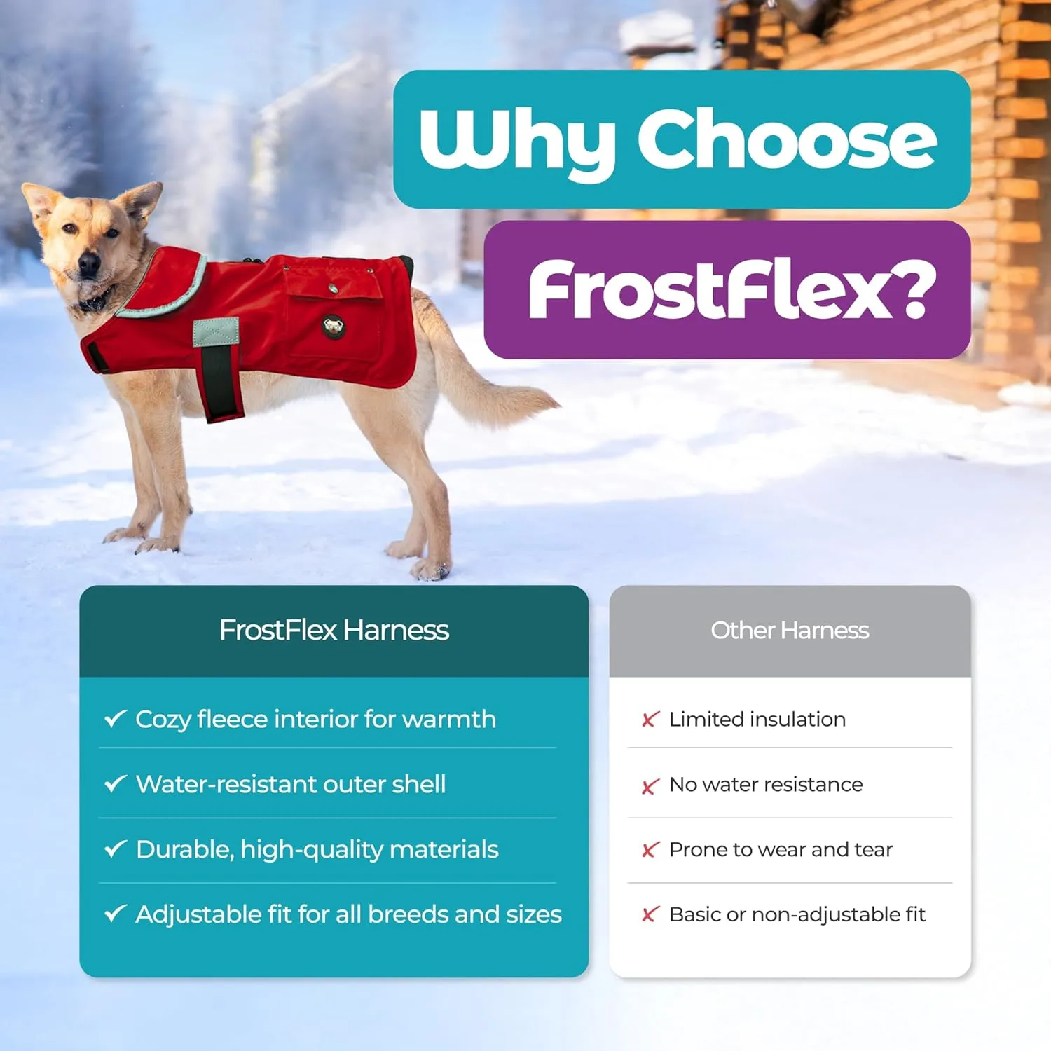 Joyride Harness FrostFlex Dog Winter Jacket - Fleece Lined & Water-Resistant - Snowsuit with Pockets for Treats & Poop Bags - Durable Cold Weather Dog Coat - Red Rush-M