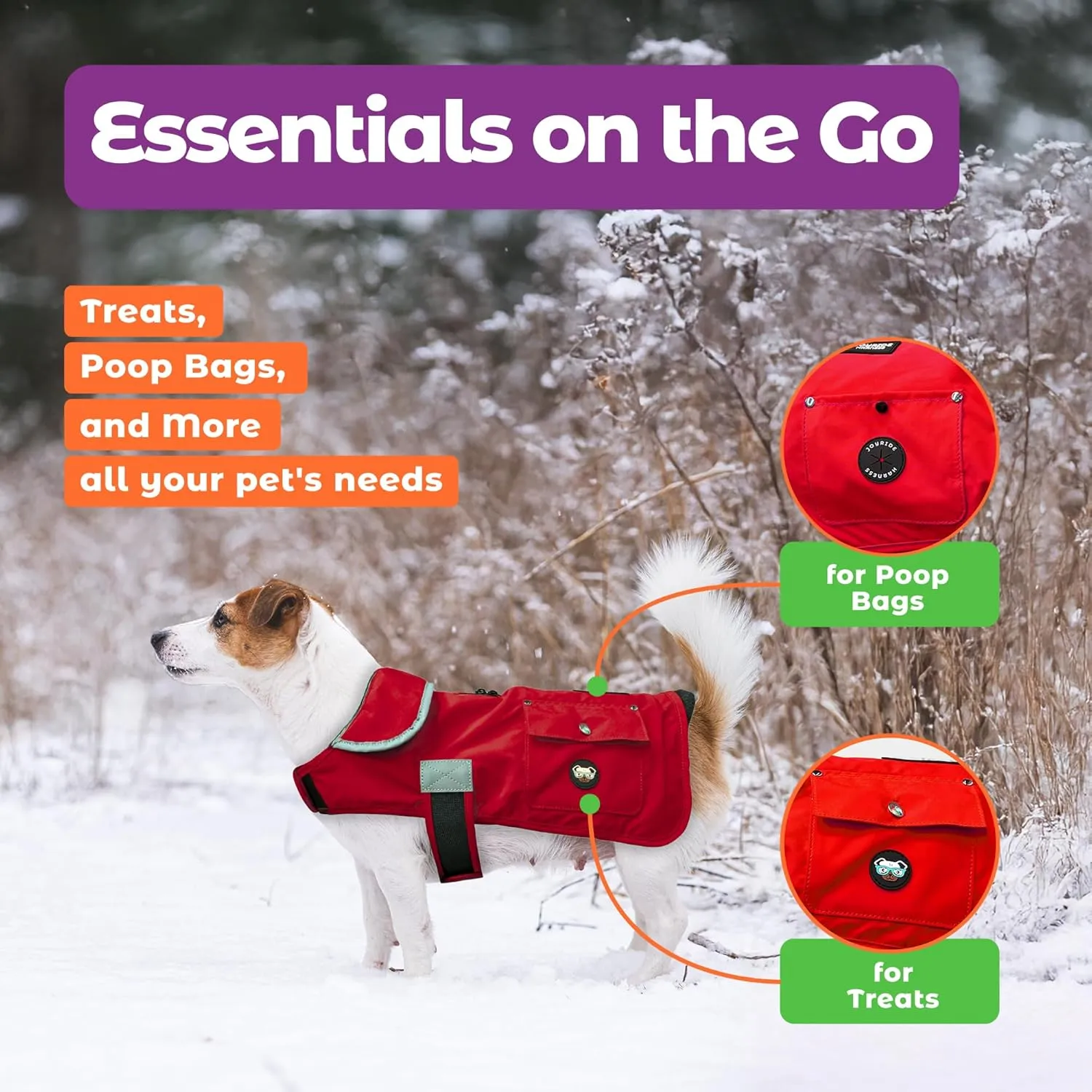 Joyride Harness FrostFlex Dog Winter Jacket - Fleece Lined & Water-Resistant - Snowsuit with Pockets for Treats & Poop Bags - Durable Cold Weather Dog Coat - Red Rush-M