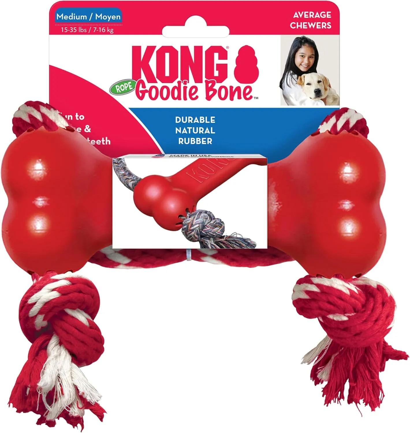 KONG Goodie Bone with Rope - Classic Durable Natural Rubber Dog Bone, Supports Mental Engagement - Treat Dispensing - Red - for Medium Dogs