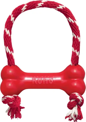 KONG Goodie Bone with Rope - Classic Durable Natural Rubber Dog Bone, Supports Mental Engagement - Treat Dispensing - Red - for Medium Dogs