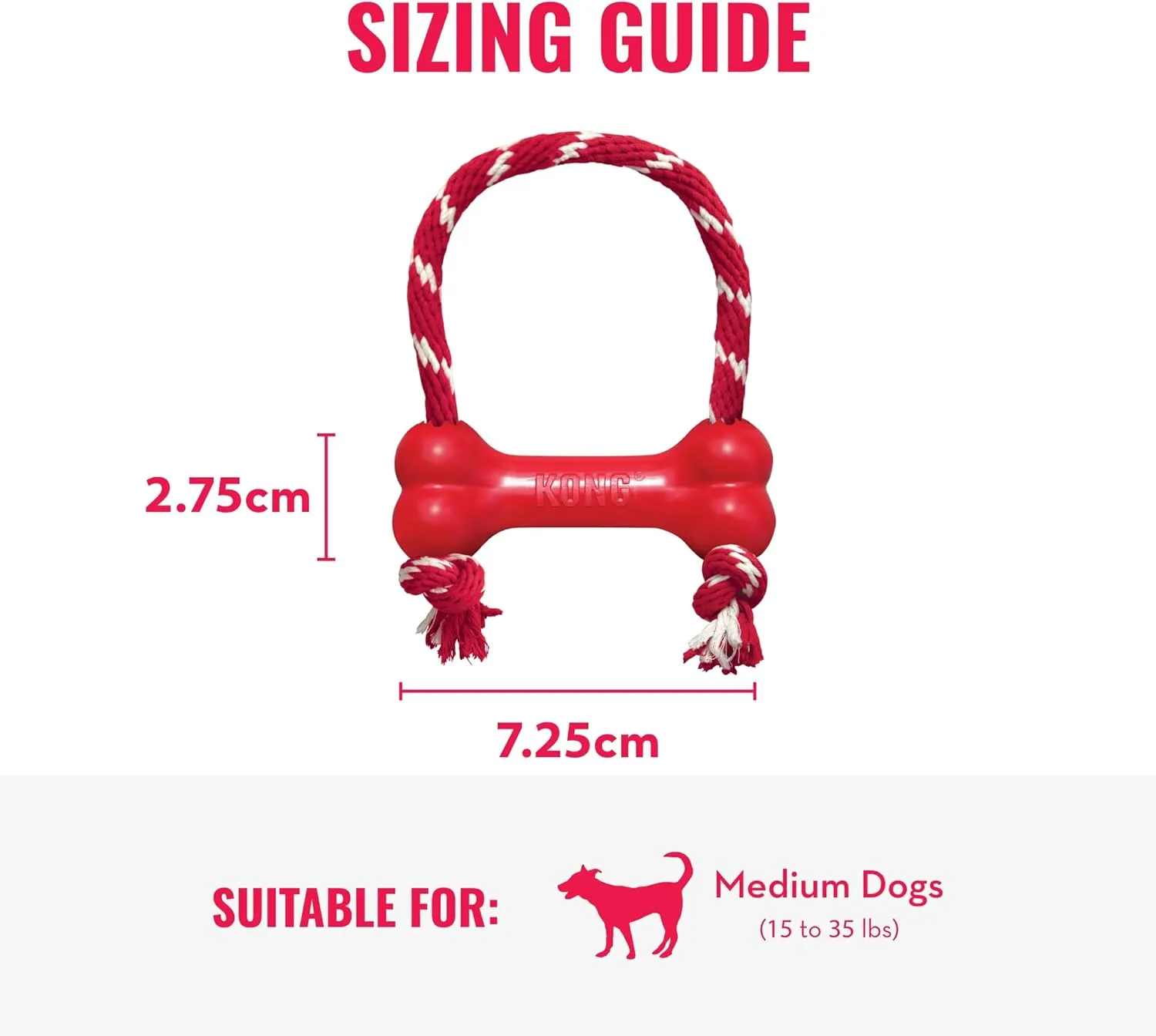 KONG Goodie Bone with Rope - Classic Durable Natural Rubber Dog Bone, Supports Mental Engagement - Treat Dispensing - Red - for Medium Dogs