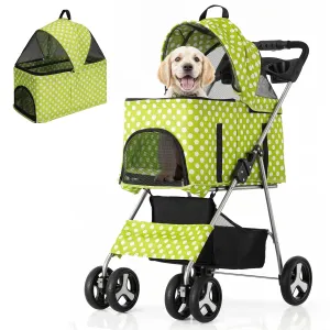 MoNiBloom 3 in 1 Foldable Pet Stroller for Small & Medium Dogs, Detachable Carrier, Car Seat, Push Button Entry, 4-Wheel Jogger for Pets up to 33 lbs, Lawn Green Polka Dots