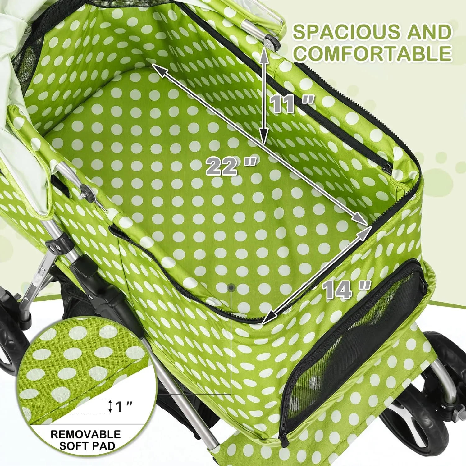 MoNiBloom 3 in 1 Foldable Pet Stroller for Small & Medium Dogs, Detachable Carrier, Car Seat, Push Button Entry, 4-Wheel Jogger for Pets up to 33 lbs, Lawn Green Polka Dots