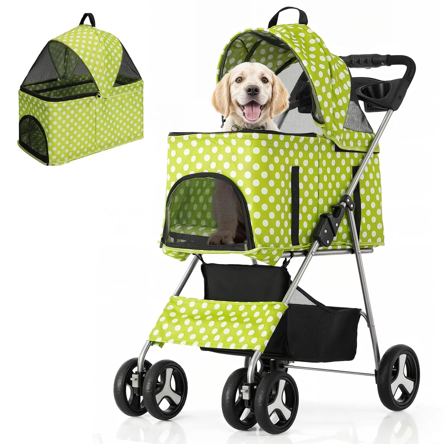 MoNiBloom 3 in 1 Foldable Pet Stroller for Small & Medium Dogs, Detachable Carrier, Car Seat, Push Button Entry, 4-Wheel Jogger for Pets up to 33 lbs, Lawn Green Polka Dots