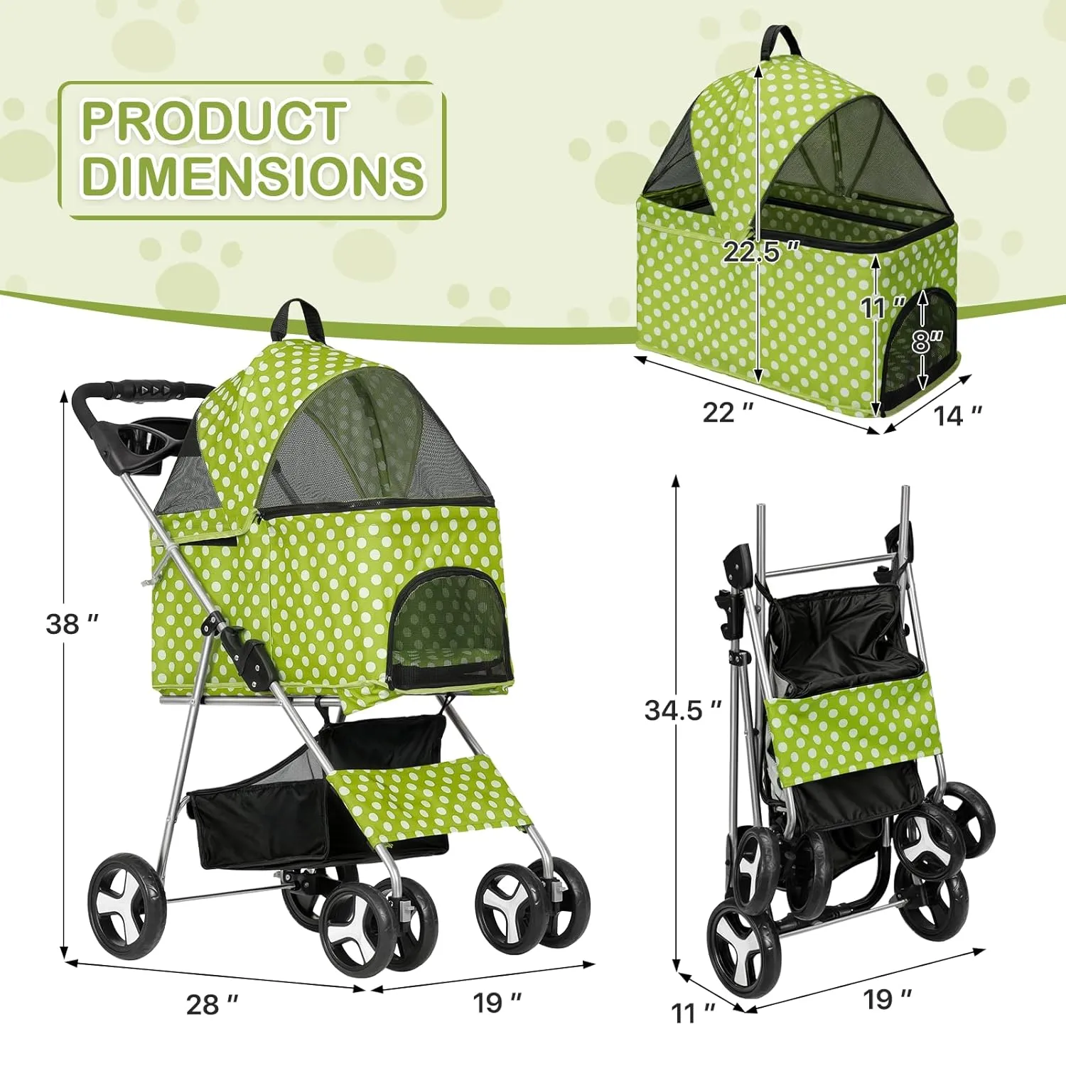 MoNiBloom 3 in 1 Foldable Pet Stroller for Small & Medium Dogs, Detachable Carrier, Car Seat, Push Button Entry, 4-Wheel Jogger for Pets up to 33 lbs, Lawn Green Polka Dots
