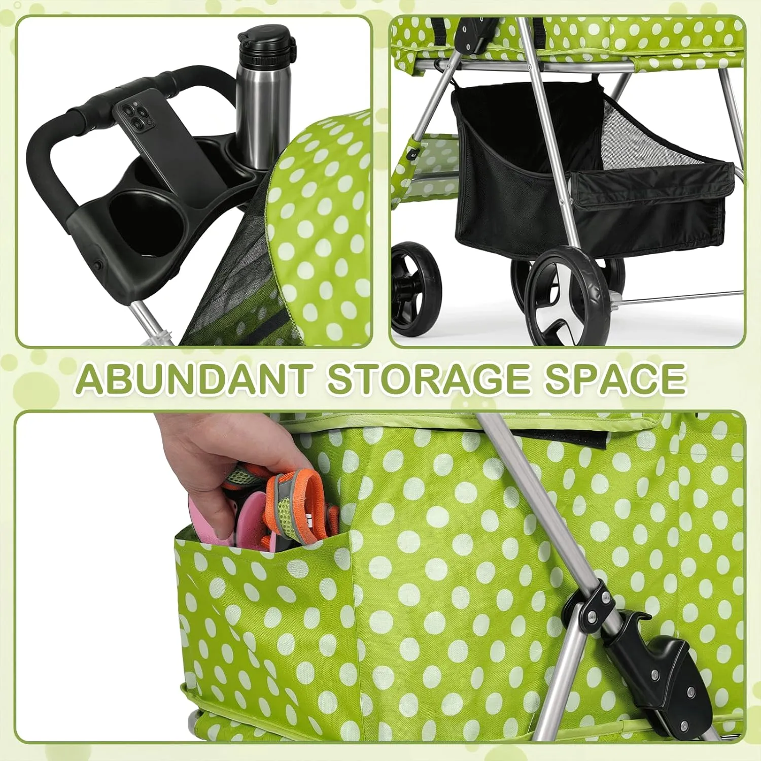 MoNiBloom 3 in 1 Foldable Pet Stroller for Small & Medium Dogs, Detachable Carrier, Car Seat, Push Button Entry, 4-Wheel Jogger for Pets up to 33 lbs, Lawn Green Polka Dots