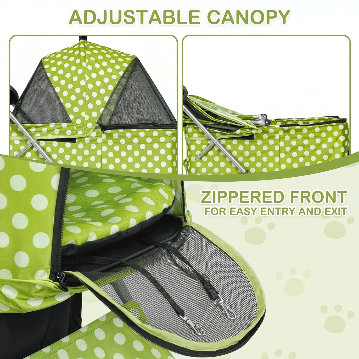 MoNiBloom 3 in 1 Foldable Pet Stroller for Small & Medium Dogs, Detachable Carrier, Car Seat, Push Button Entry, 4-Wheel Jogger for Pets up to 33 lbs, Lawn Green Polka Dots