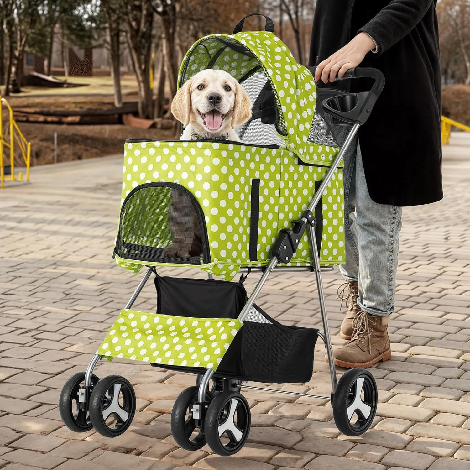 MoNiBloom 3 in 1 Foldable Pet Stroller for Small & Medium Dogs, Detachable Carrier, Car Seat, Push Button Entry, 4-Wheel Jogger for Pets up to 33 lbs, Lawn Green Polka Dots