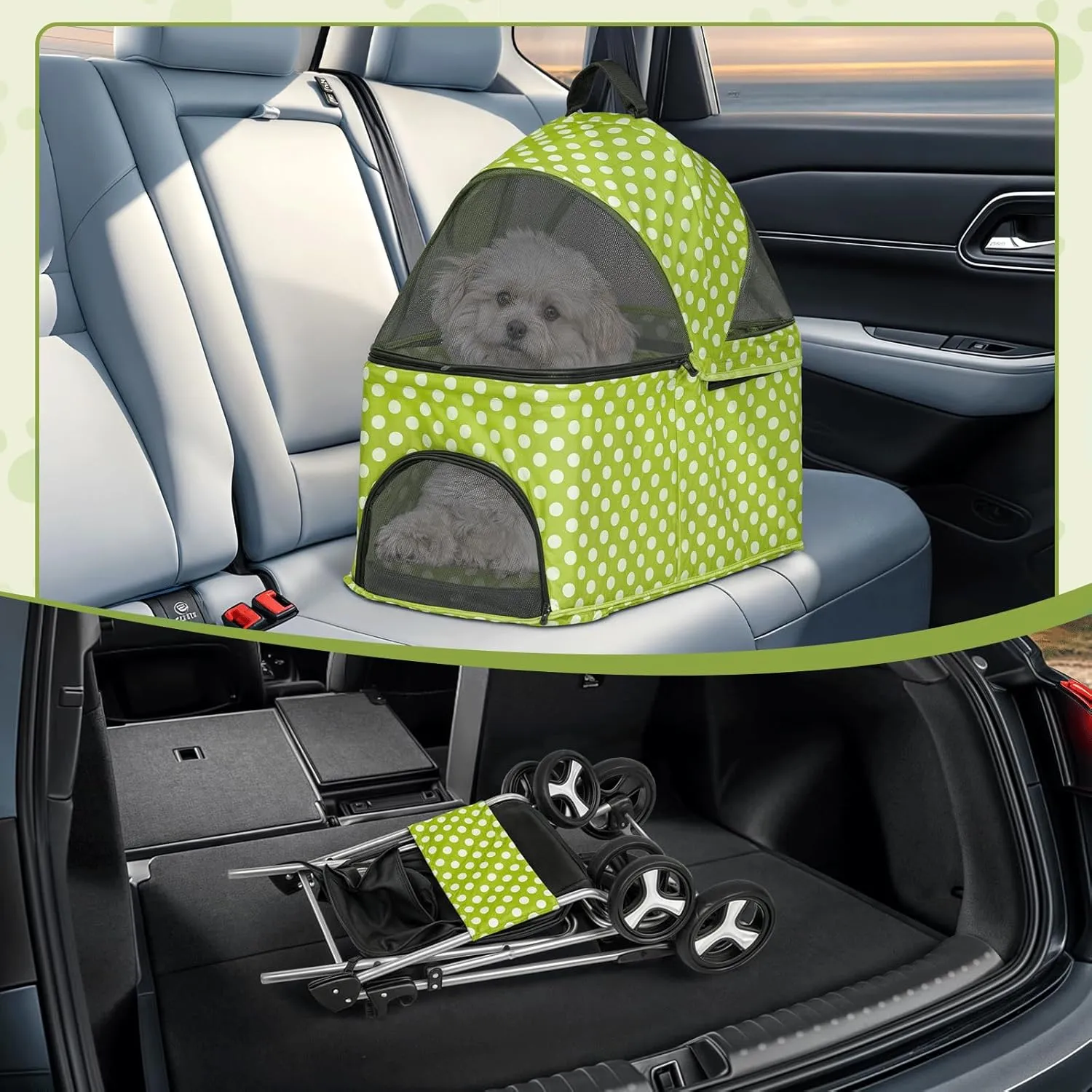 MoNiBloom 3 in 1 Foldable Pet Stroller for Small & Medium Dogs, Detachable Carrier, Car Seat, Push Button Entry, 4-Wheel Jogger for Pets up to 33 lbs, Lawn Green Polka Dots
