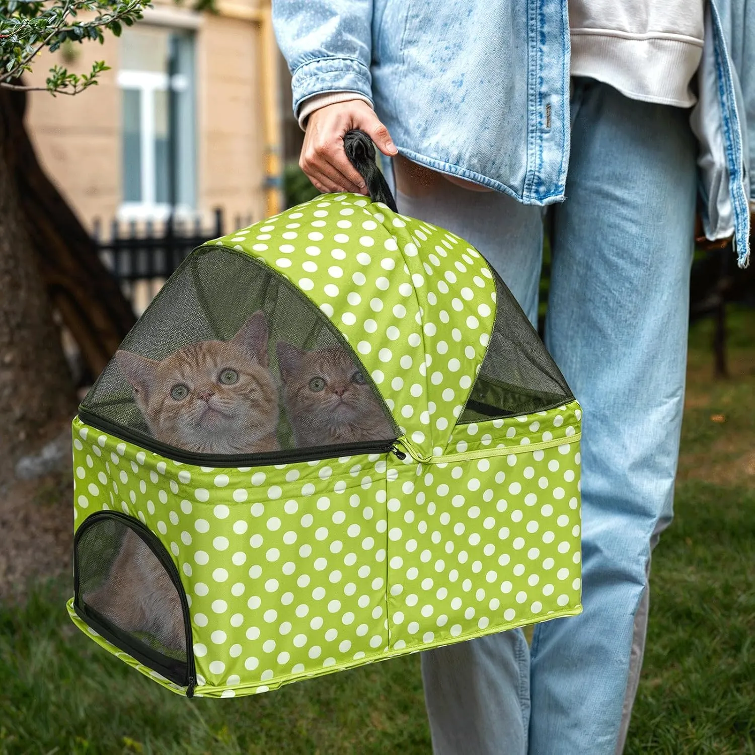 MoNiBloom 3 in 1 Foldable Pet Stroller for Small & Medium Dogs, Detachable Carrier, Car Seat, Push Button Entry, 4-Wheel Jogger for Pets up to 33 lbs, Lawn Green Polka Dots