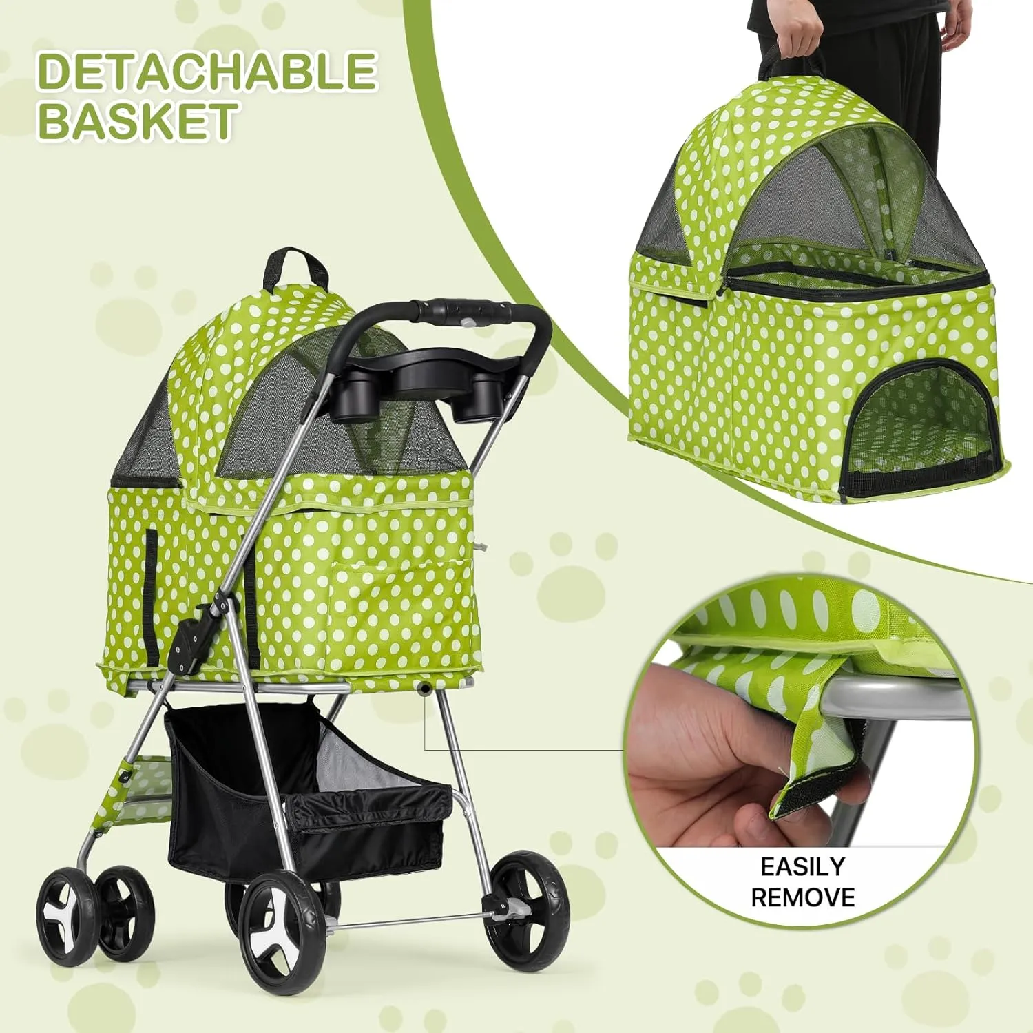 MoNiBloom 3 in 1 Foldable Pet Stroller for Small & Medium Dogs, Detachable Carrier, Car Seat, Push Button Entry, 4-Wheel Jogger for Pets up to 33 lbs, Lawn Green Polka Dots