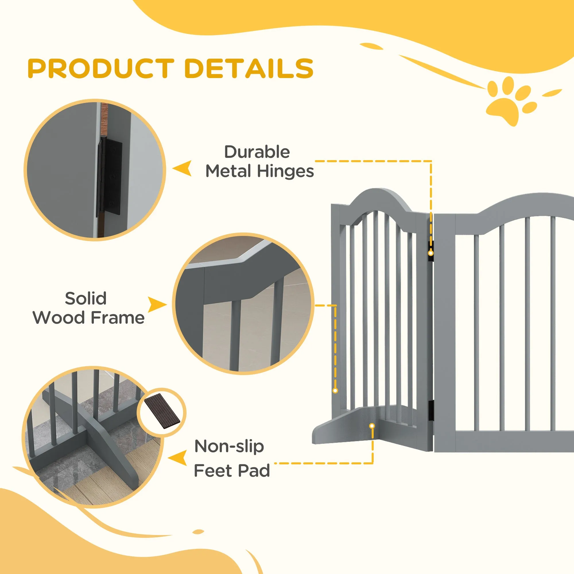PawHut Freestanding Pet Gate Barrier 3 Pannel w/ Support Feet Light Grey