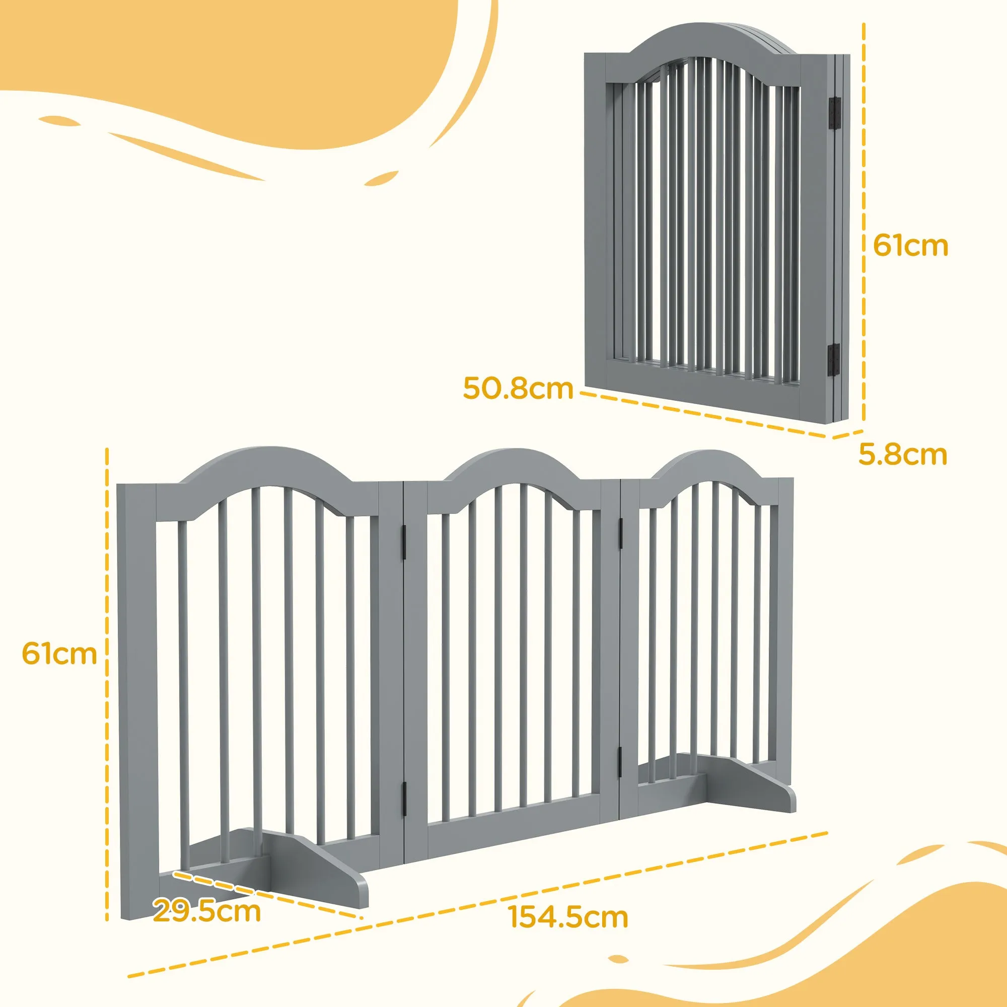 PawHut Freestanding Pet Gate Barrier 3 Pannel w/ Support Feet Light Grey