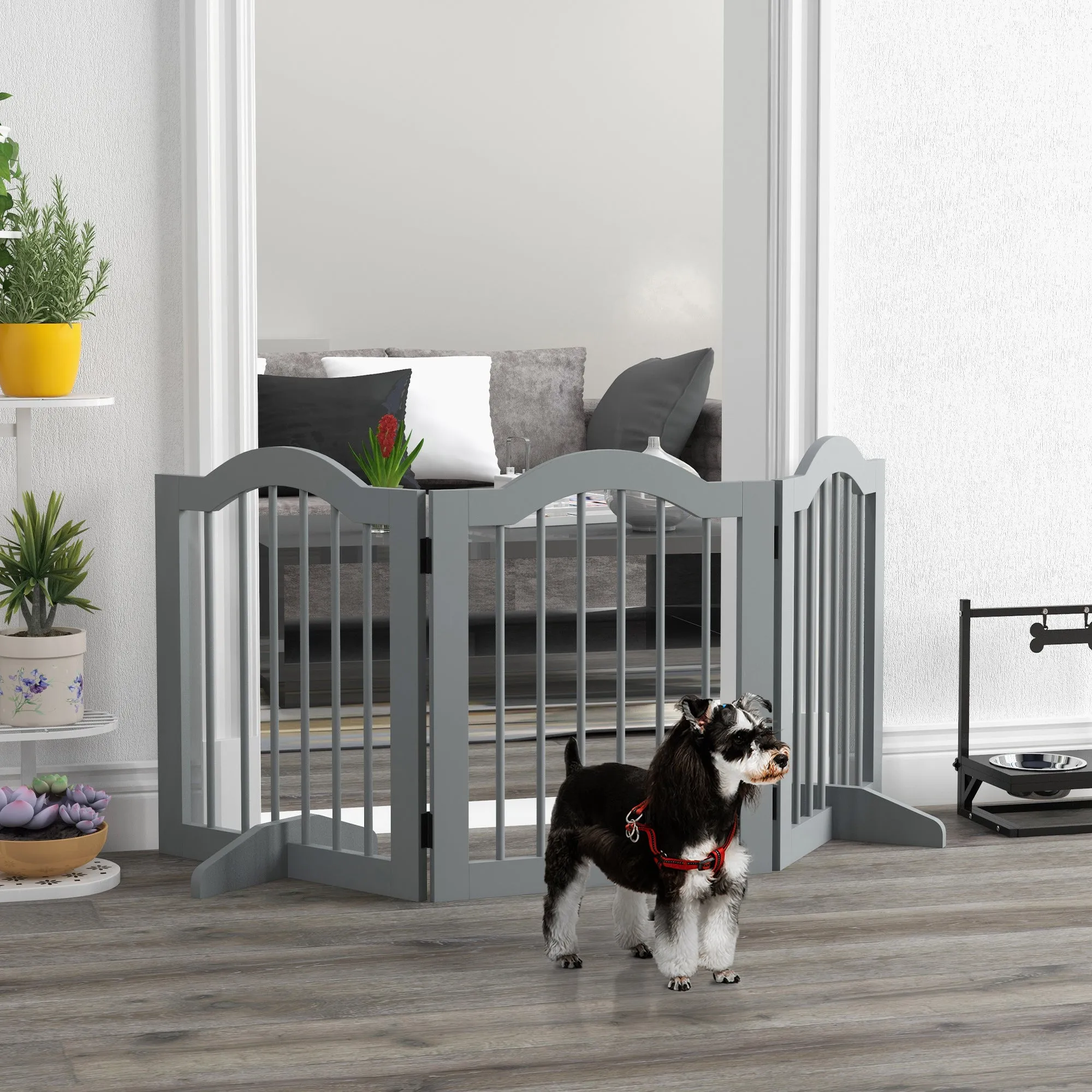 PawHut Freestanding Pet Gate Barrier 3 Pannel w/ Support Feet Light Grey