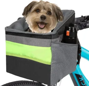 PETTYOLL Safety Dog Bike Basket, Pet Bike for Small Dogs, Oxford Front Bicycle Pet Basket with Removable Inner Pad, Multiple Storage Pockets - Best for Small Pets