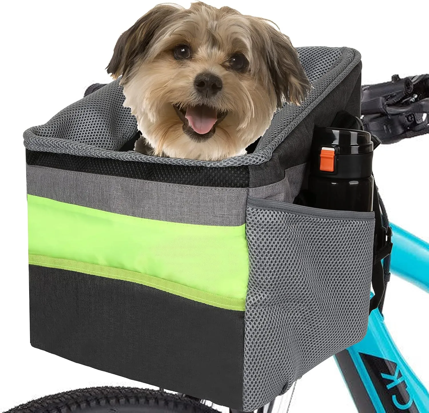 PETTYOLL Safety Dog Bike Basket, Pet Bike for Small Dogs, Oxford Front Bicycle Pet Basket with Removable Inner Pad, Multiple Storage Pockets - Best for Small Pets