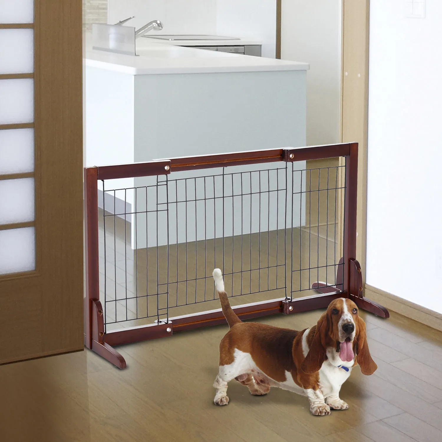 Pine Wood Freestanding Adjustable Pet Barrier Fence Brown