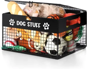 Qmetalart Dog Toy Box, Large Metal Dog Toy Storage Box with Lid, Chew-Resistant Dog Toy Basket, Durable Toys Bin for Small Dogs and Pet, Puppy Toy Holder Boxes for Living Room