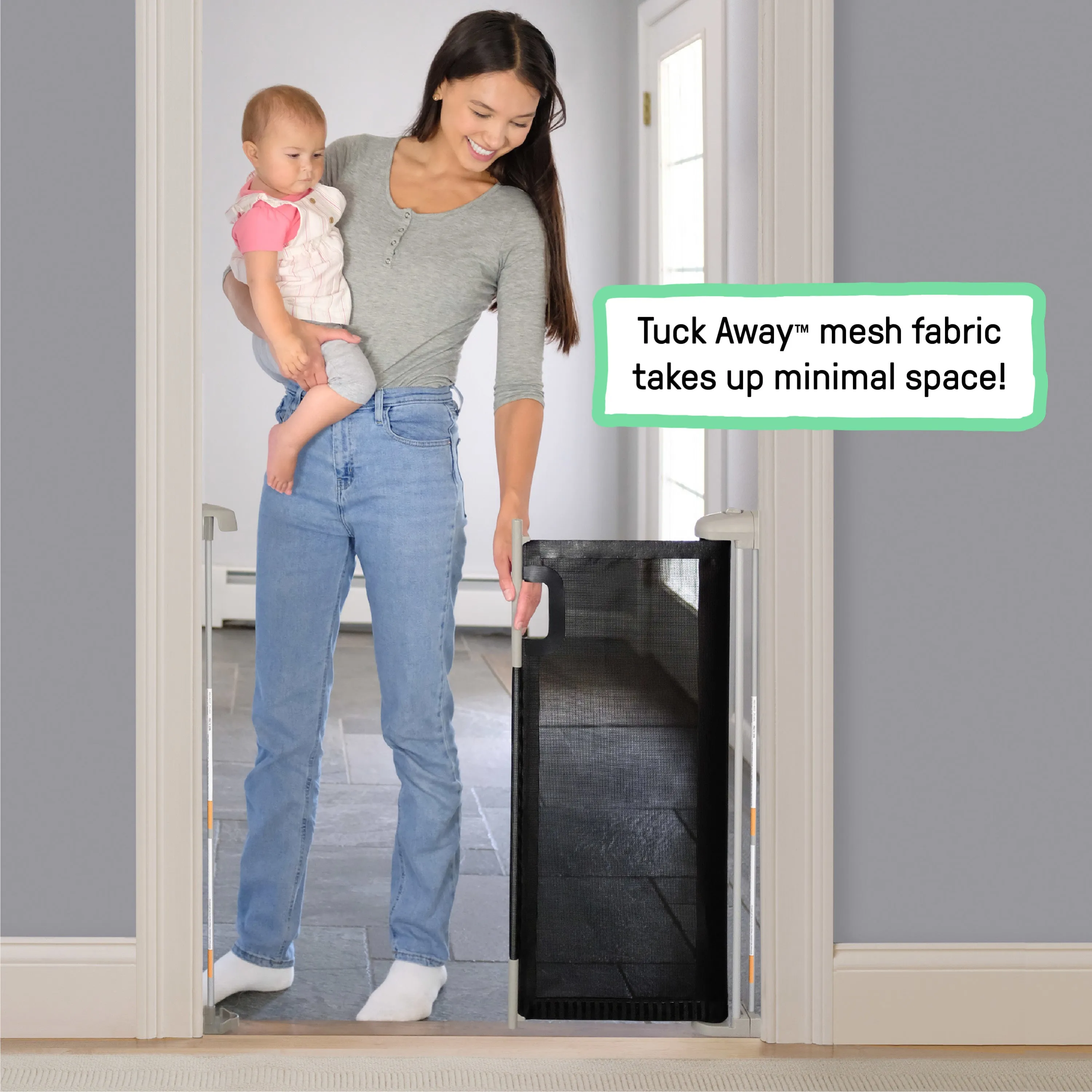 The Thruway 52W Series Pet and Baby Retractable Gate with Tuck Away Mesh, Openings up to 52" Wide - Black