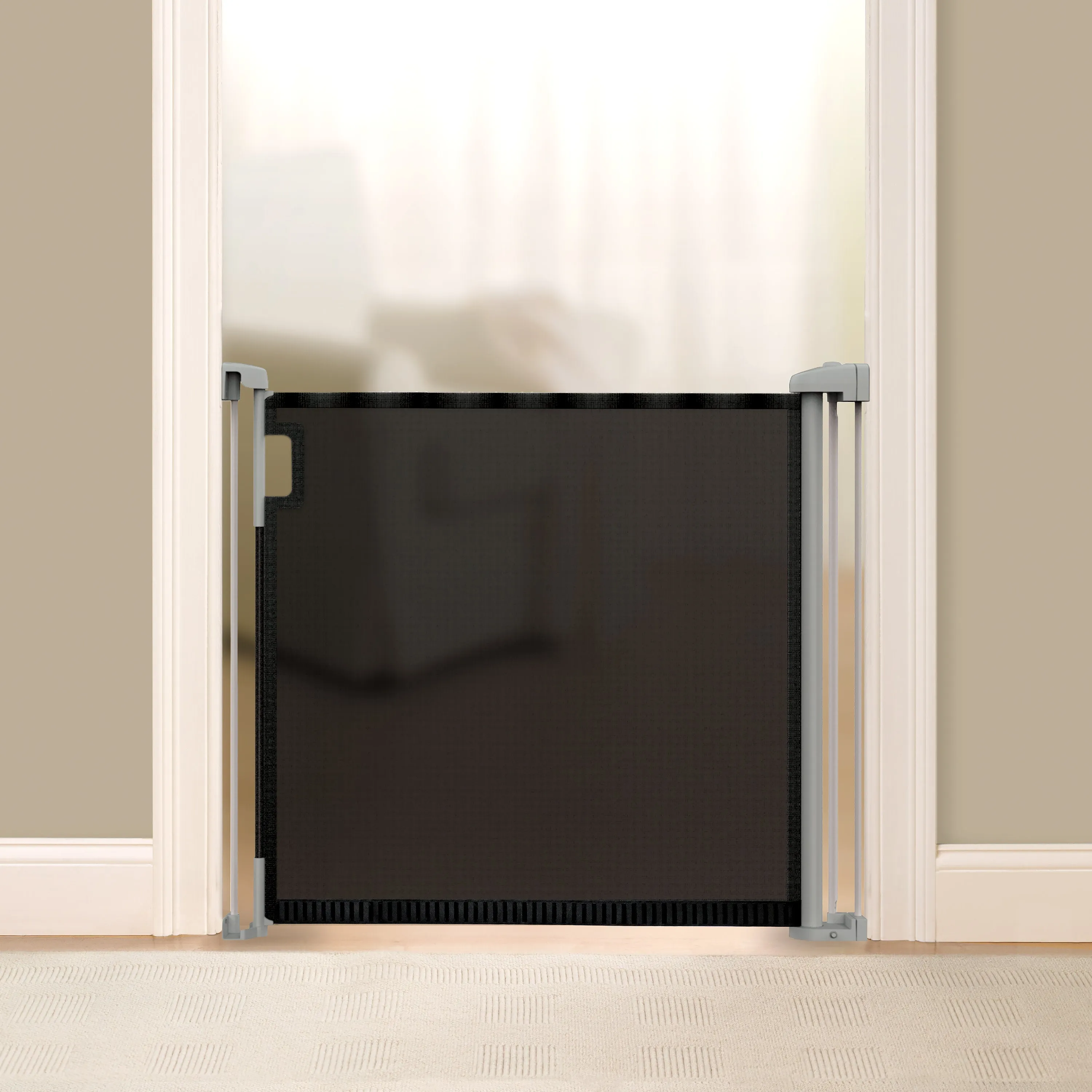 The Thruway 52W Series Pet and Baby Retractable Gate with Tuck Away Mesh, Openings up to 52" Wide - Black