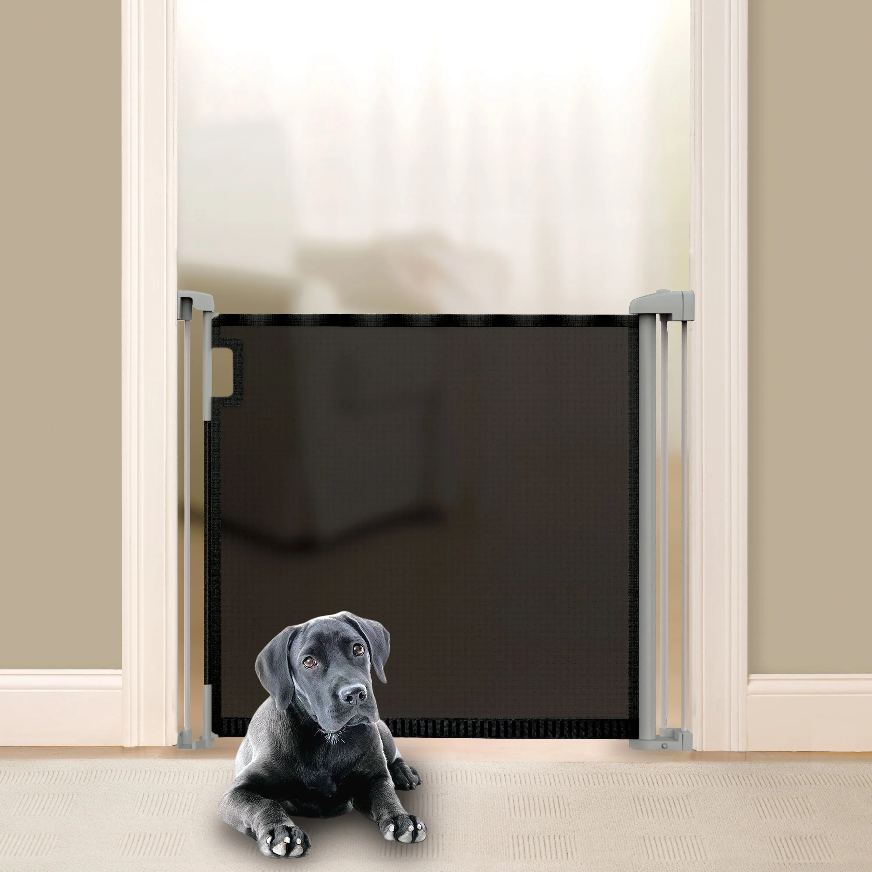 The Thruway 52W Series Pet and Baby Retractable Gate with Tuck Away Mesh, Openings up to 52" Wide - Black