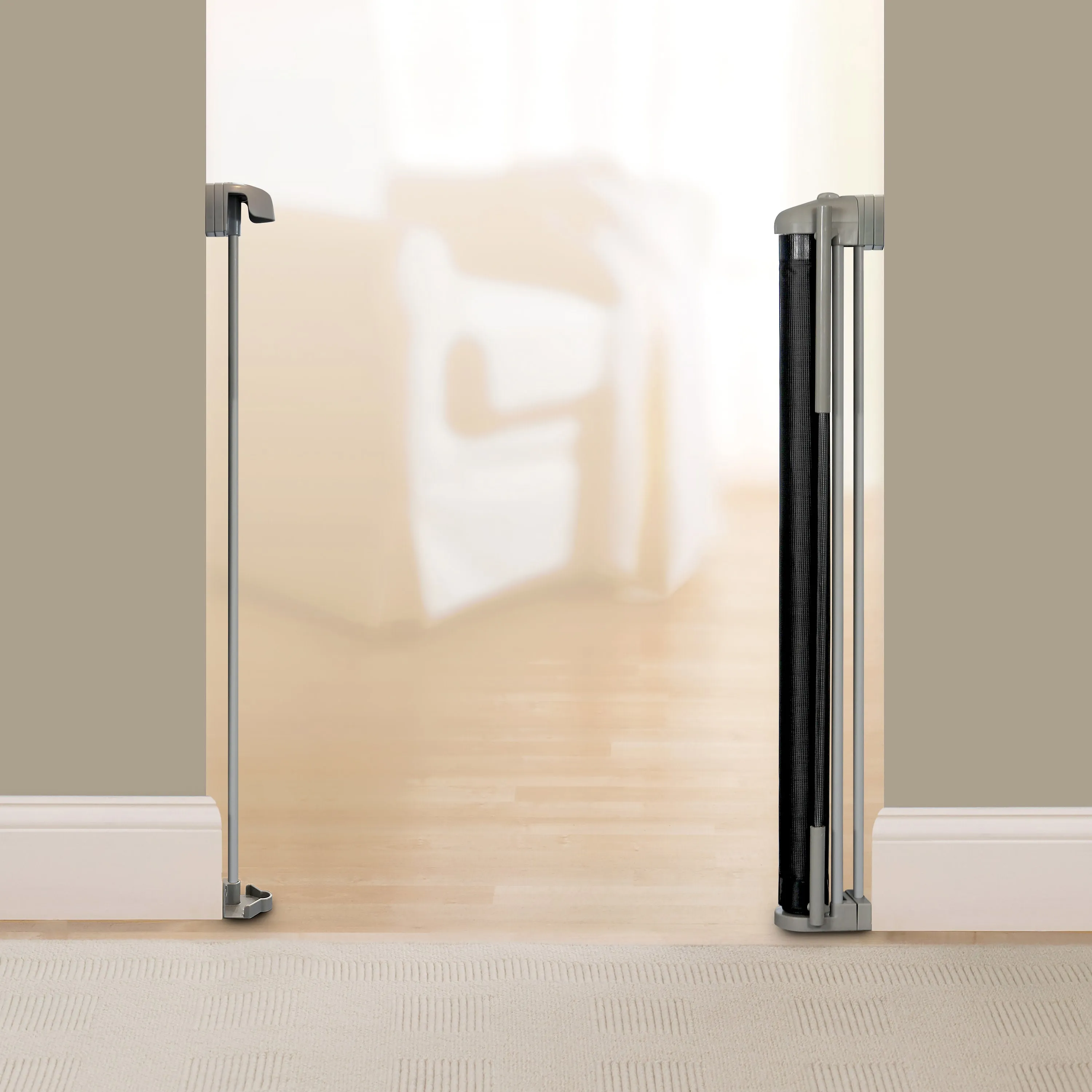 The Thruway 52W Series Pet and Baby Retractable Gate with Tuck Away Mesh, Openings up to 52" Wide - Black